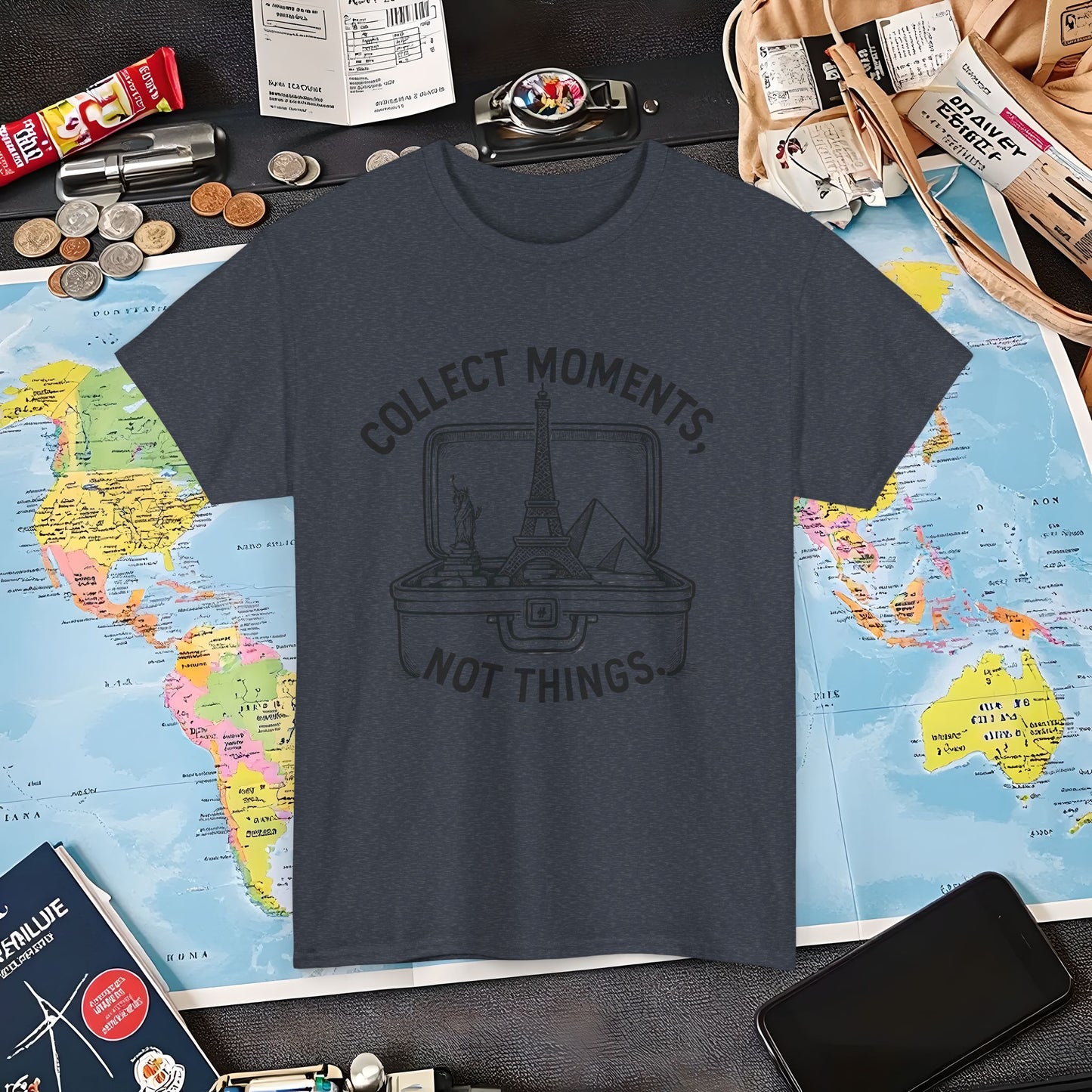 Collect Moments, Not Things T-Shirt – Inspirational Travel Quote Design Air Travel T-Shirts | Jetsetter, Airport, and International Flight Tees