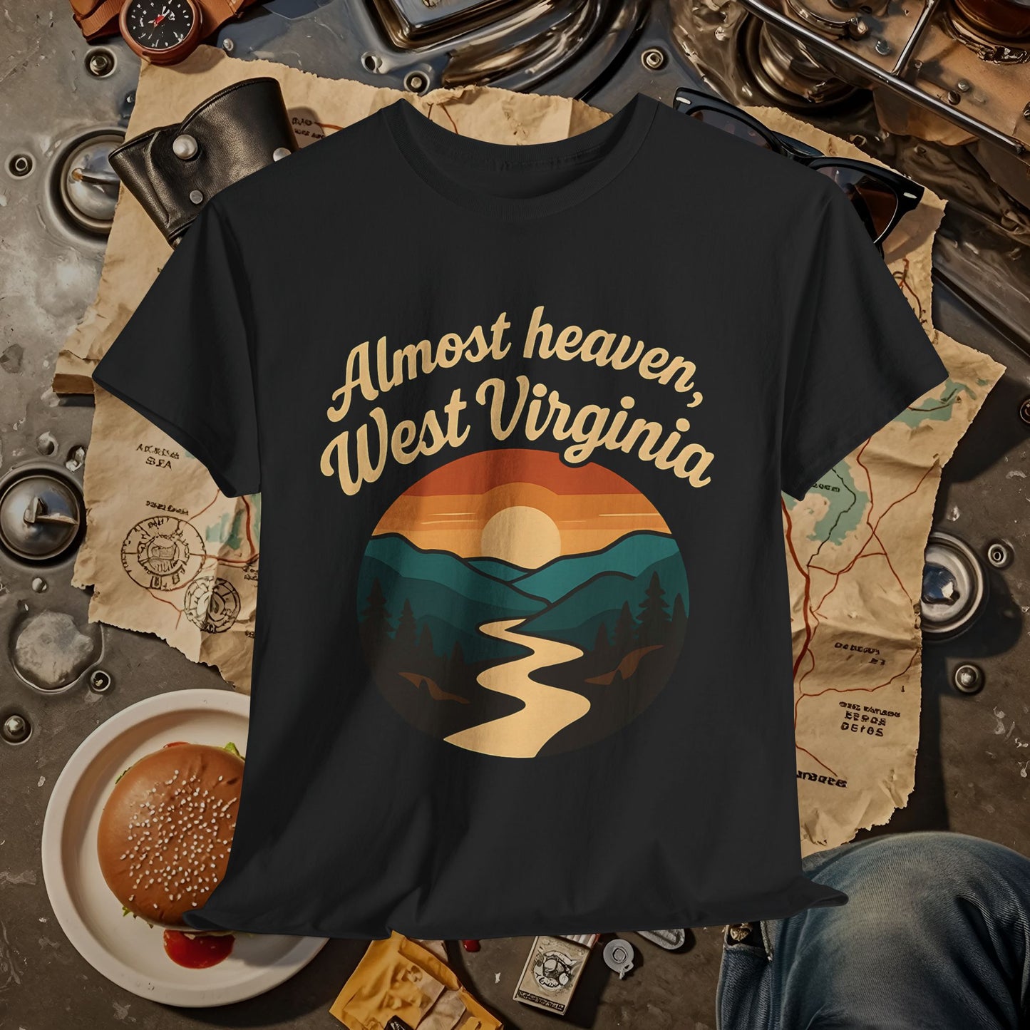 Almost Heaven, West Virginia T-Shirt – Vintage Appalachian Sunset with Winding River Road Trip & Vehicle Travel T-Shirts | Car, RV, and Motorcycle Adventure Tees