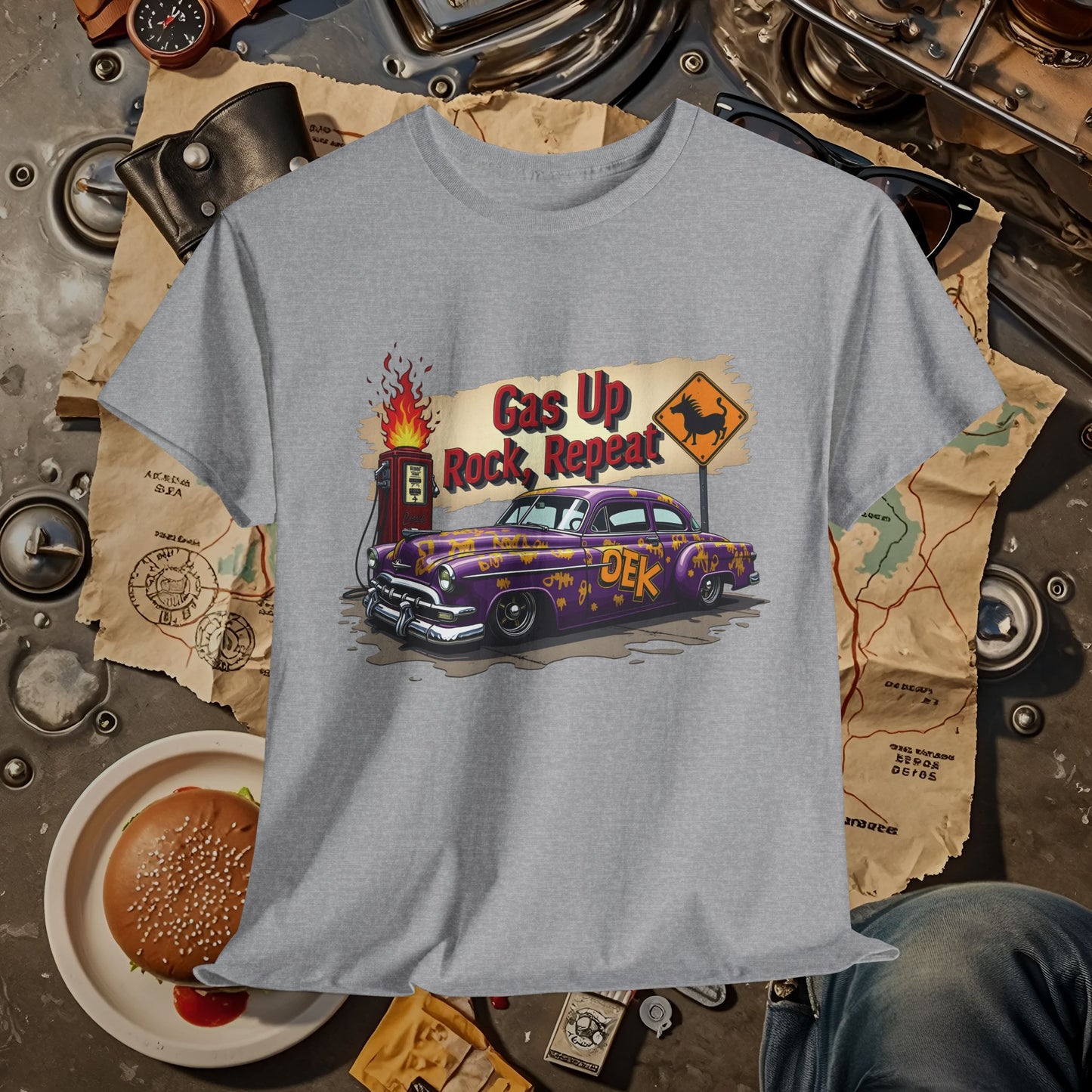 Gas Up, Rock and Repeat Road Trip & Vehicle Travel T-Shirts | Car, RV, and Motorcycle Adventure Tees