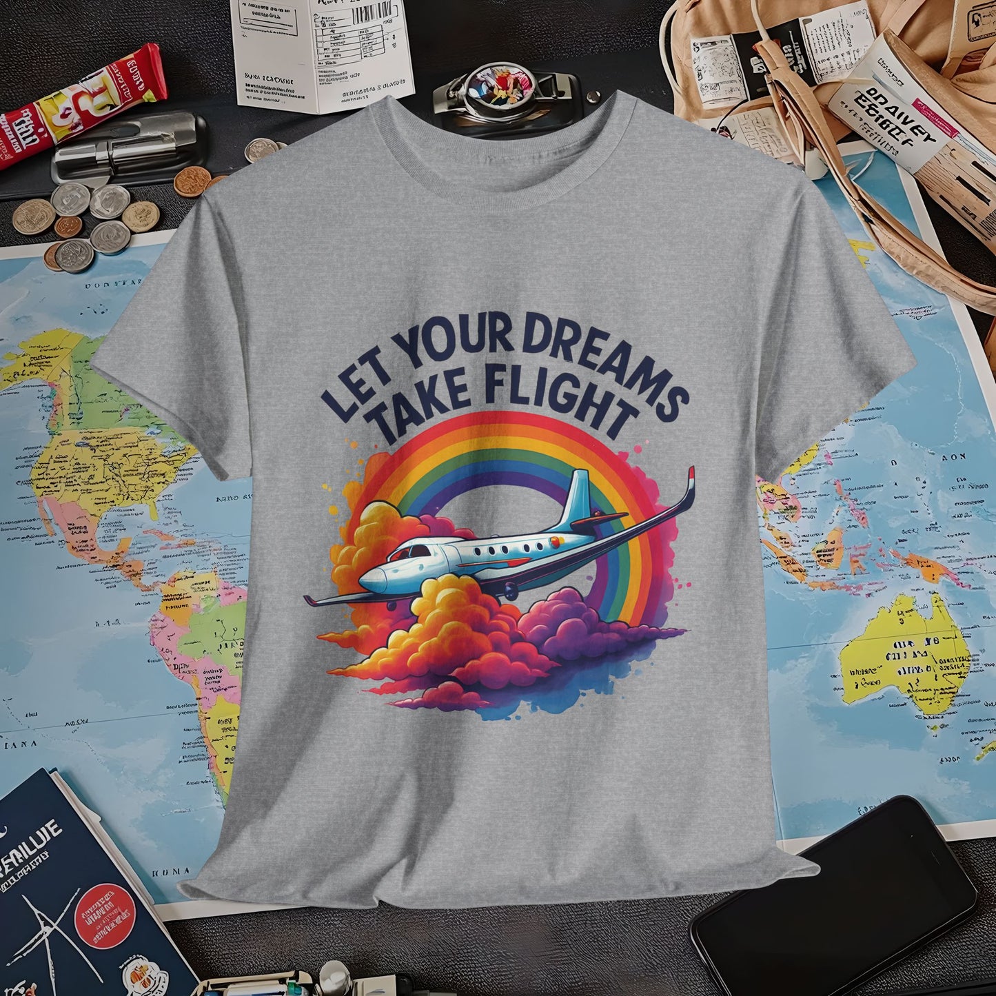 Let Your Dreams Take Flight T-Shirt – Airplane with Rainbow Trail Design Air Travel T-Shirts | Jetsetter, Airport, and International Flight Tees