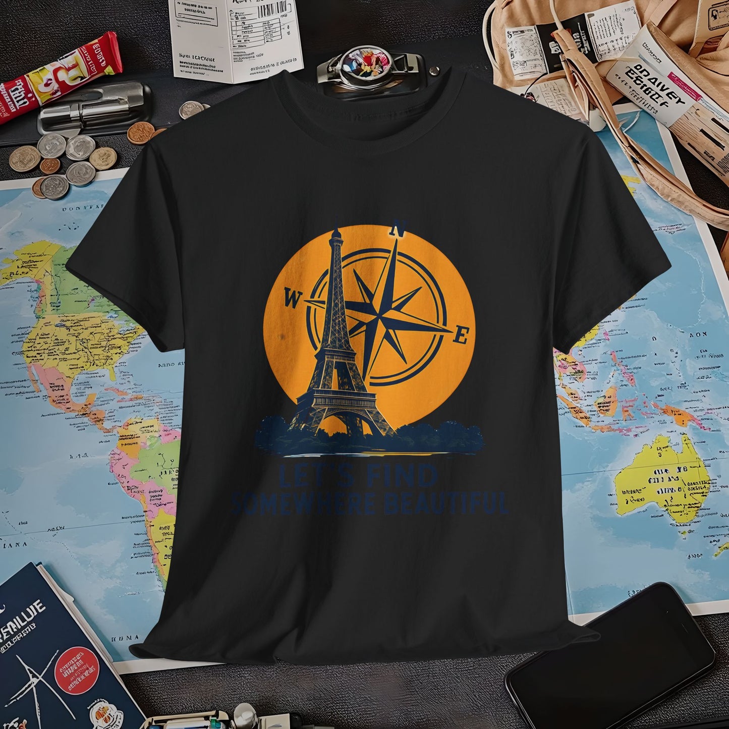 Eiffel Tower and Compass T-Shirt – Let’s Find Somewhere Beautiful Adventure Design Air Travel T-Shirts | Jetsetter, Airport, and International Flight Tees