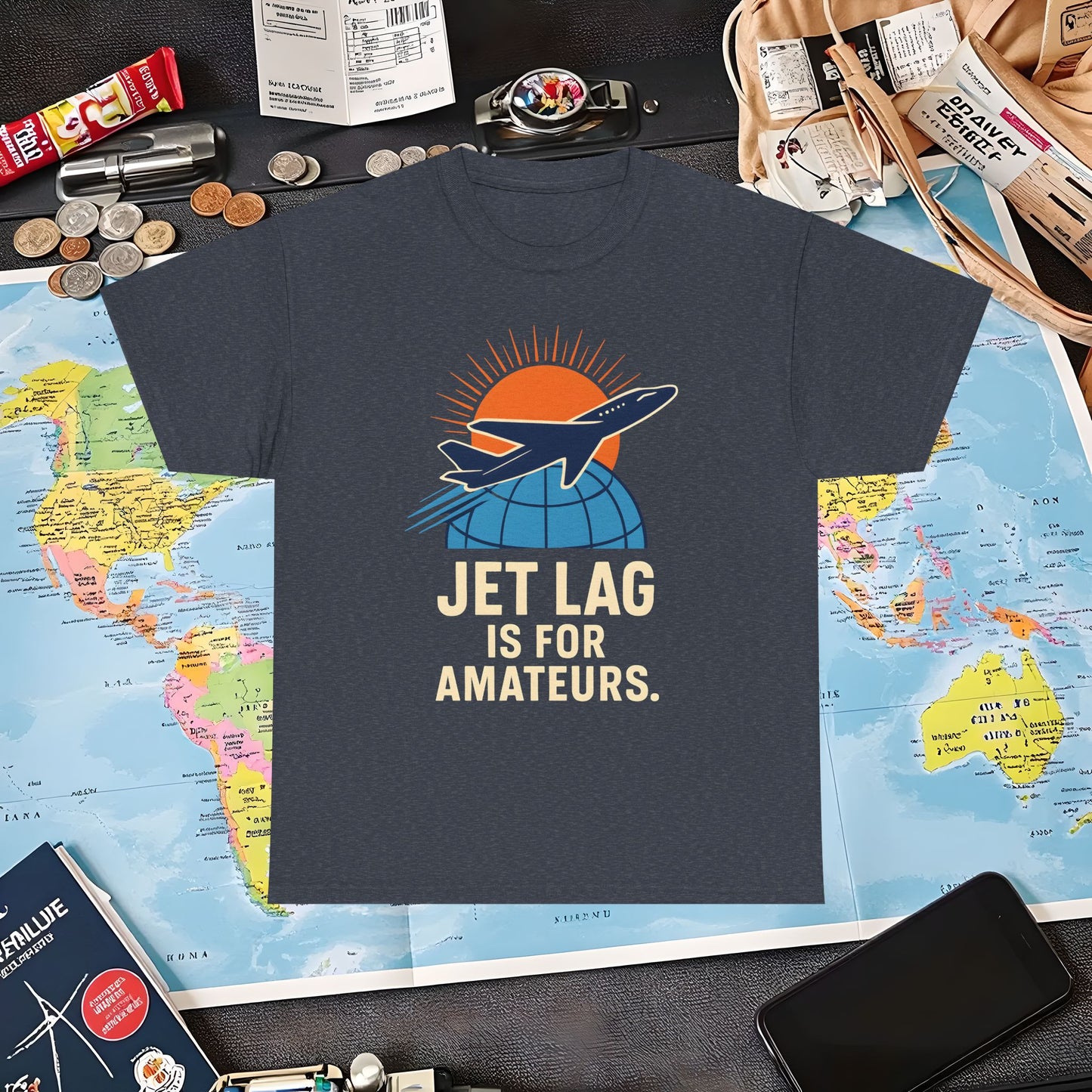 Jet Lag Is for Amateurs Vintage Jet Airplane Globe Bold Quote T-Shirt Air Travel T-Shirts | Jetsetter, Airport, and International Flight Tees