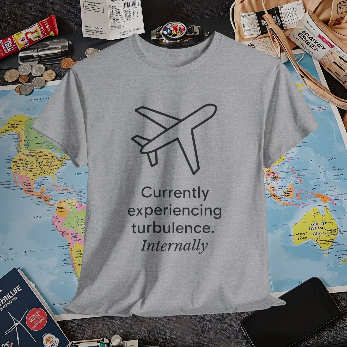 Currently Experiencing Turbulence Internally Tee – Minimalist Airplane Quote Shirt Air Travel T-Shirts | Jetsetter, Airport, and International Flight Tees