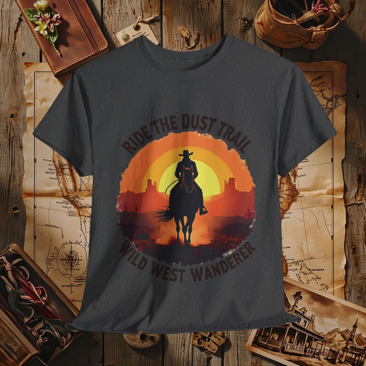 Ride the Dust Trail, Wild West Wanderer Western Travel T-Shirts | Desert, Ghost Town, and Cowboy-Inspired Adventure Tees