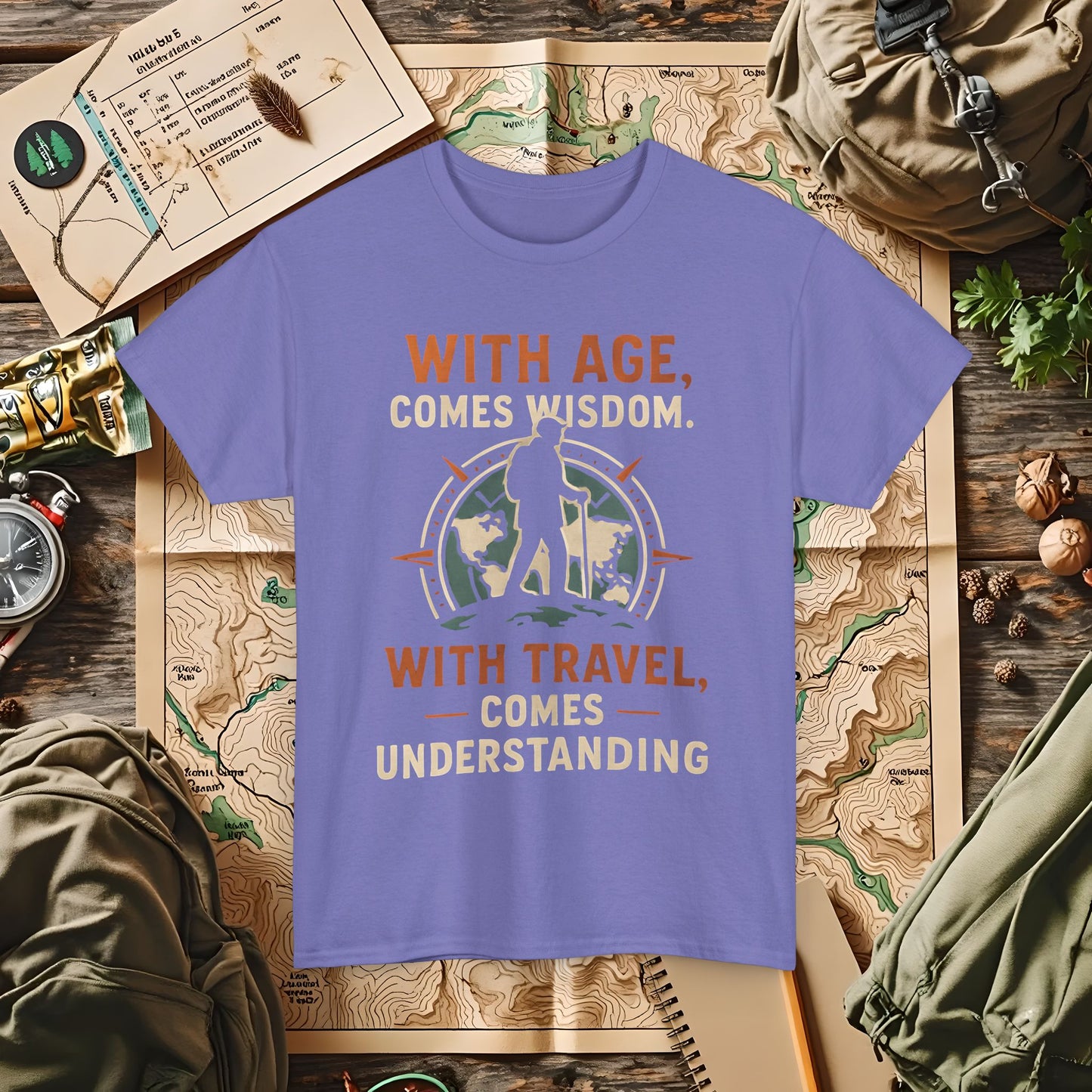 With Age Comes Wisdom, With Travel Comes Understanding Tee – Explorer Compass Design | Camping, Hiking, Rafting & Kayaking Tees for Nature Lovers