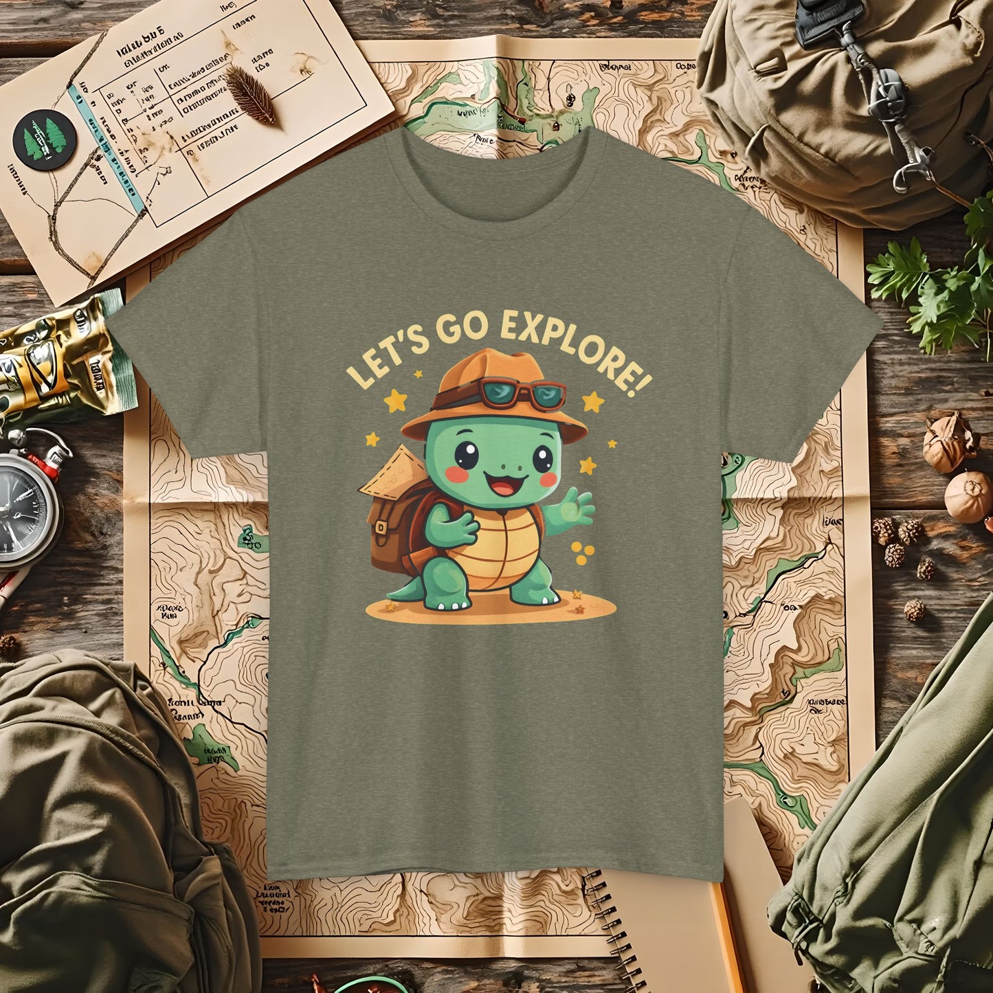 Let’s Go Explore T-Shirt – Cute Turtle Explorer with Travel Gear Design | Camping, Hiking, Rafting & Kayaking Tees for Nature Lovers