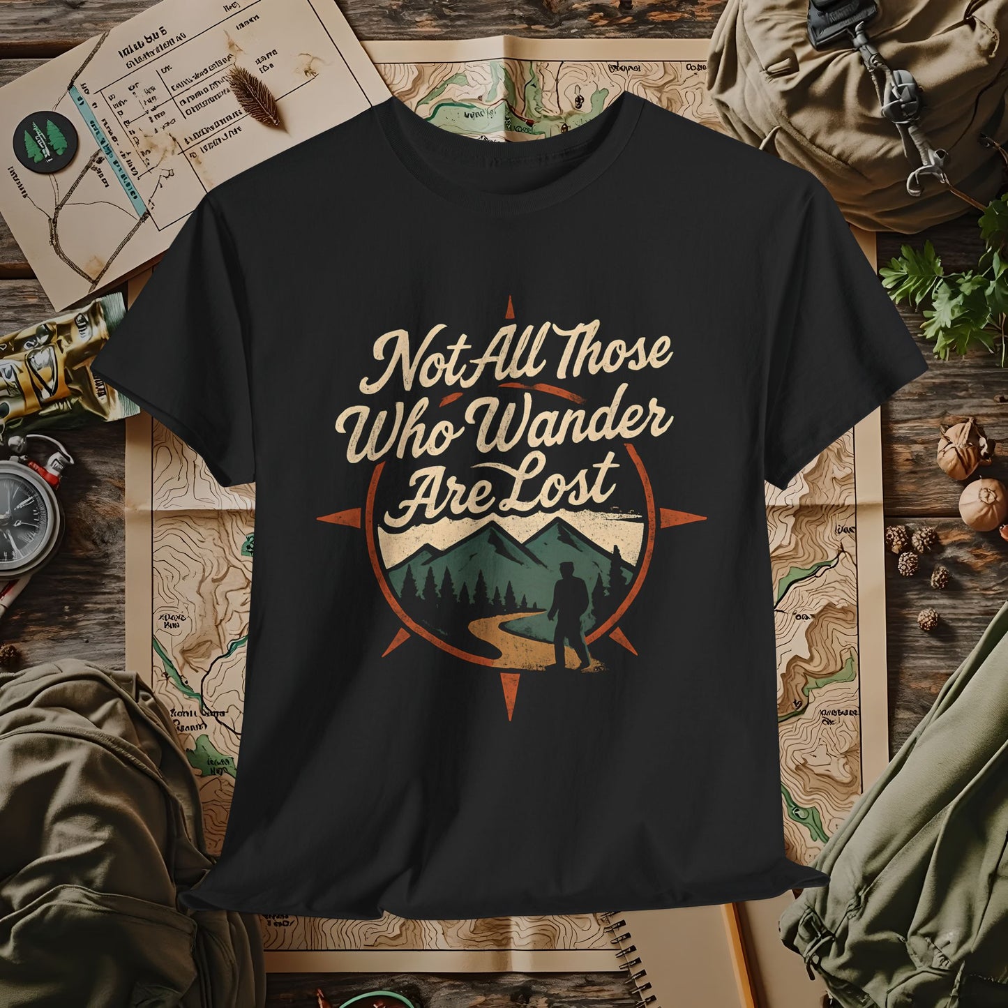 Not All Who Wander Are Lost – Vintage Compass Mountain Tee | Camping, Hiking, Rafting & Kayaking Tees for Nature Lovers