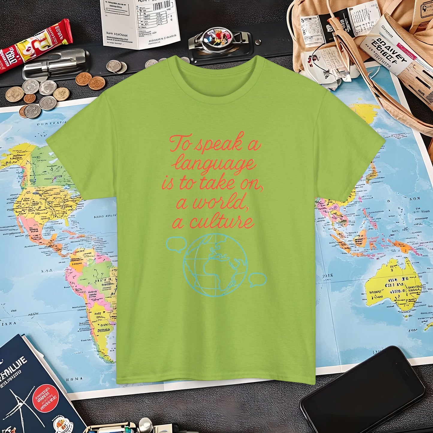 To Speak a Language Is to Take on a World – Cultural Connection Tee with Globe & Speech Bubbles | Layover Club Air Travel T-Shirts | Jetsetter, Airport, and International Flight Tees