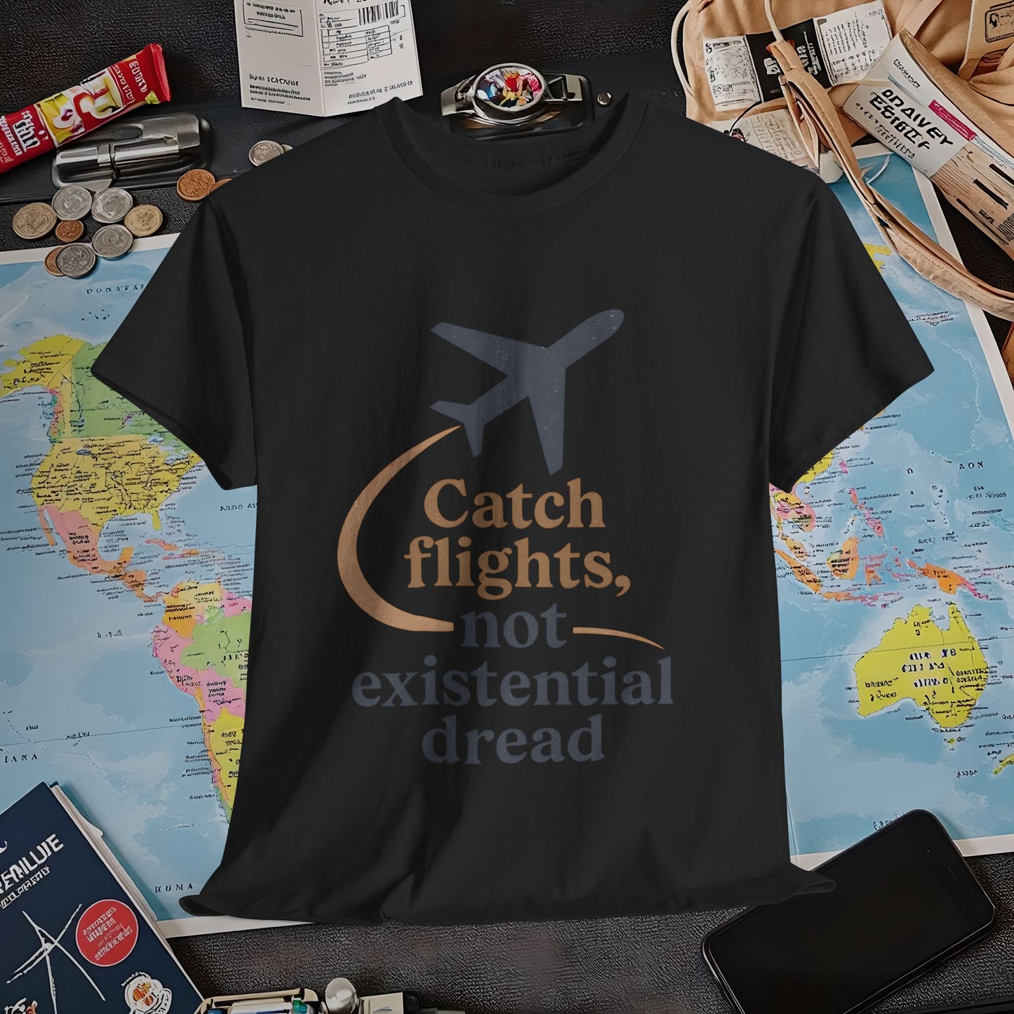 Catch Flights Not Existential Dread Tee – Minimalist Airplane Silhouette Quote Shirt Air Travel T-Shirts | Jetsetter, Airport, and International Flight Tees