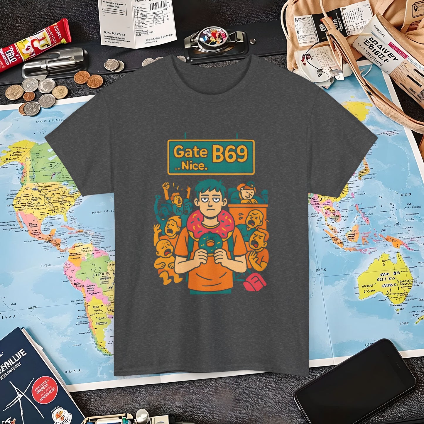 Gate B69 Deadpan Traveler T-Shirt — Chill at Chaotic Airport Terminal Layover Tee Air Travel T-Shirts | Jetsetter, Airport, and International Flight Tees