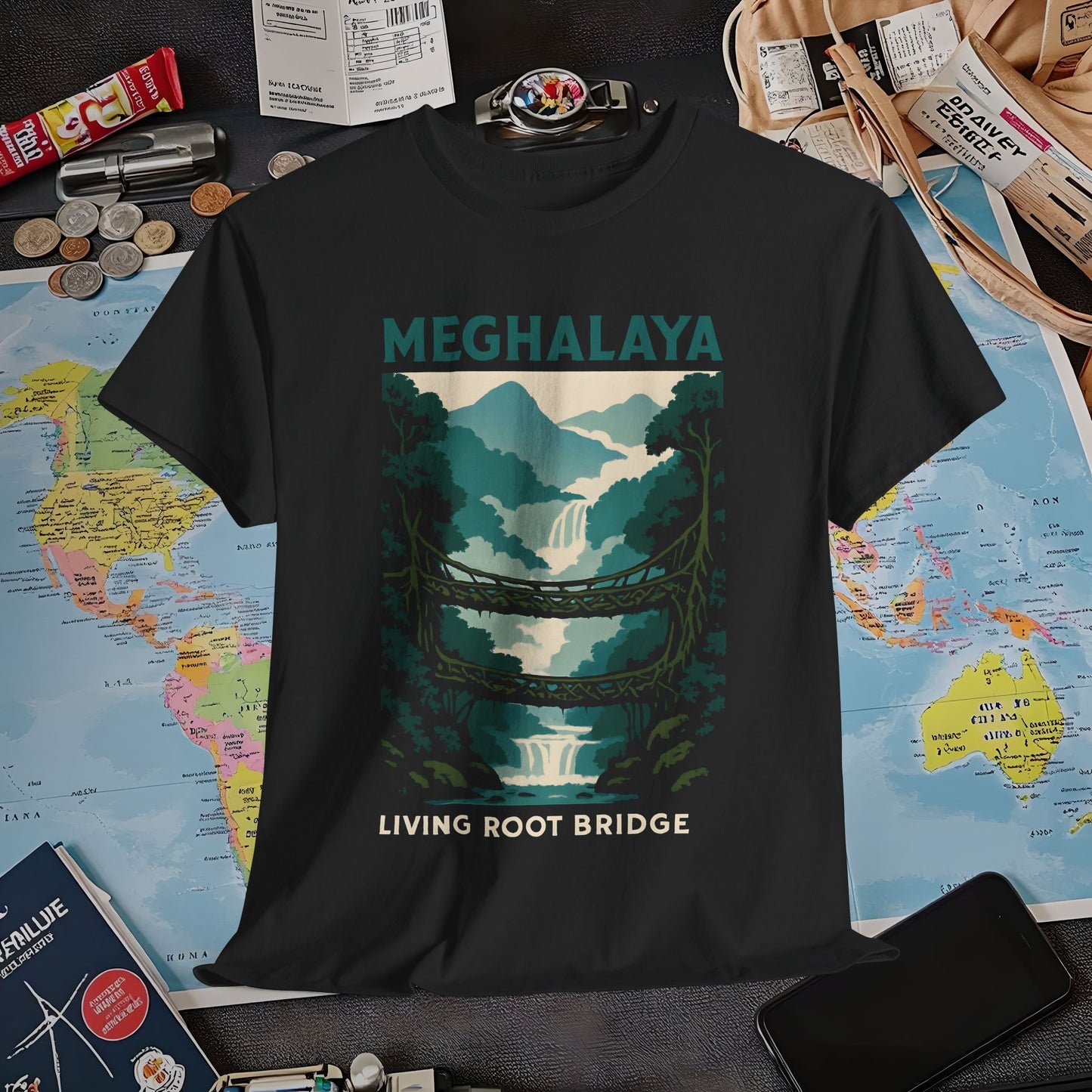 Living Root Bridges of Meghalaya – Hidden India Nature Adventure Tee Air Travel T-Shirts | Jetsetter, Airport, and International Flight Tees