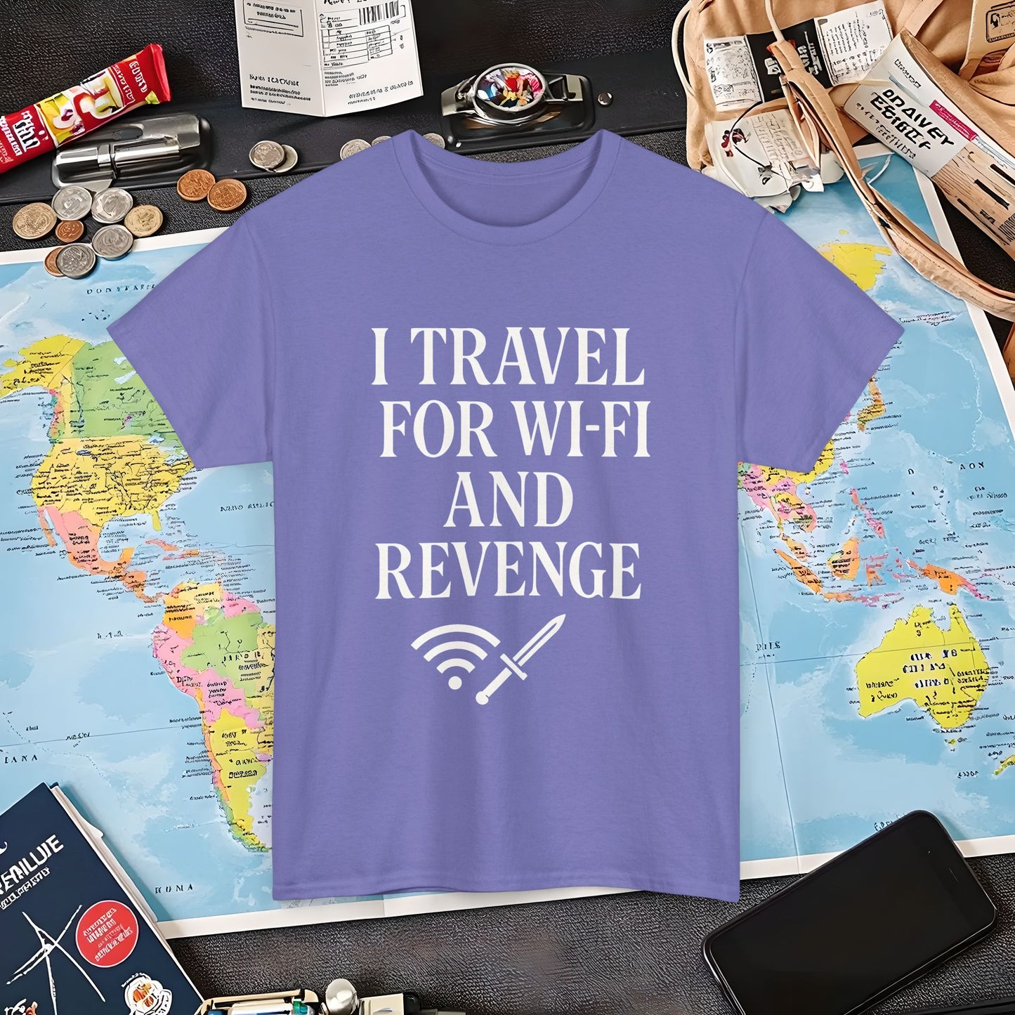 I Travel for WiFi and Revenge – Bold Quote Tee with Dagger Icon Air Travel T-Shirts | Jetsetter, Airport, and International Flight Tees