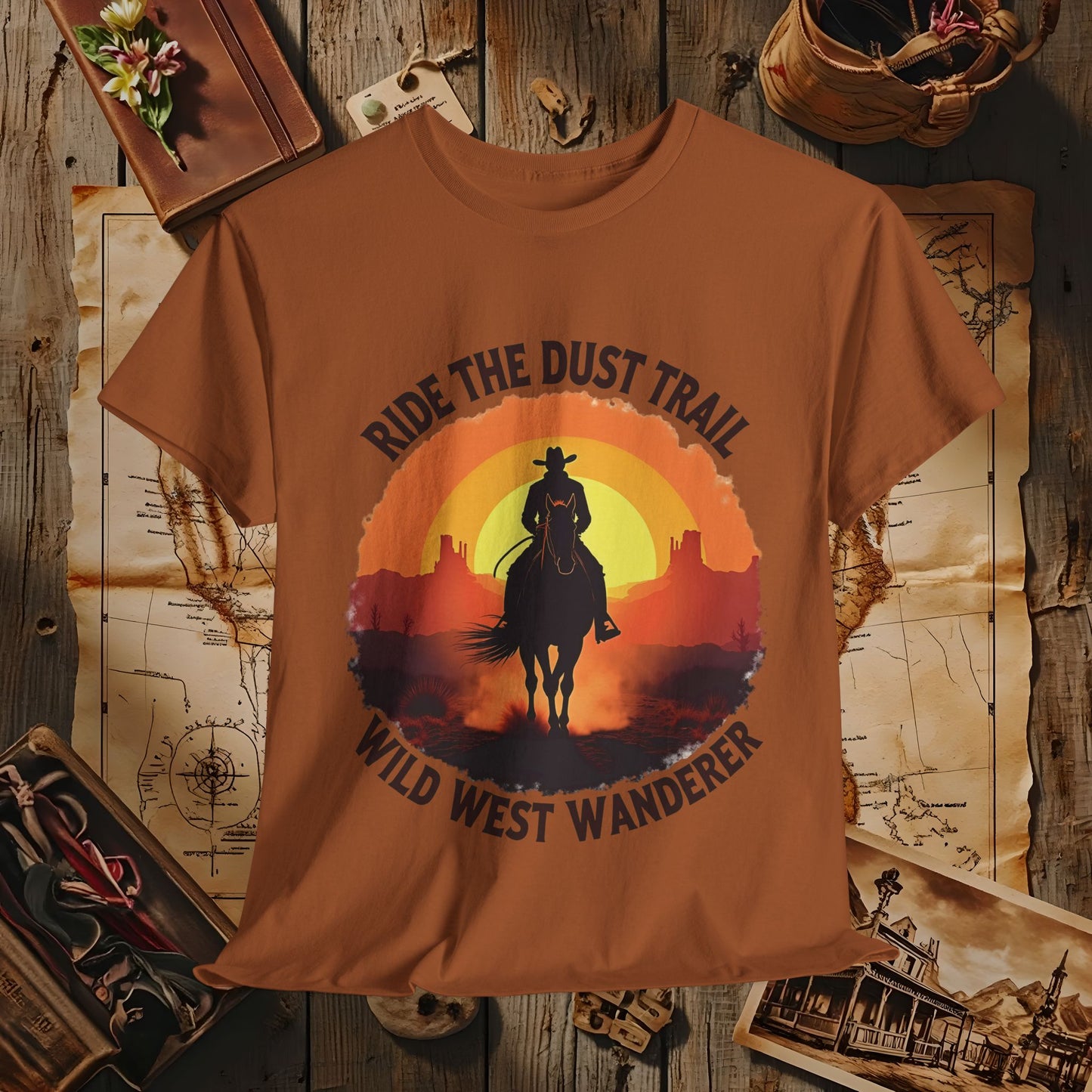 Ride the Dust Trail, Wild West Wanderer Western Travel T-Shirts | Desert, Ghost Town, and Cowboy-Inspired Adventure Tees