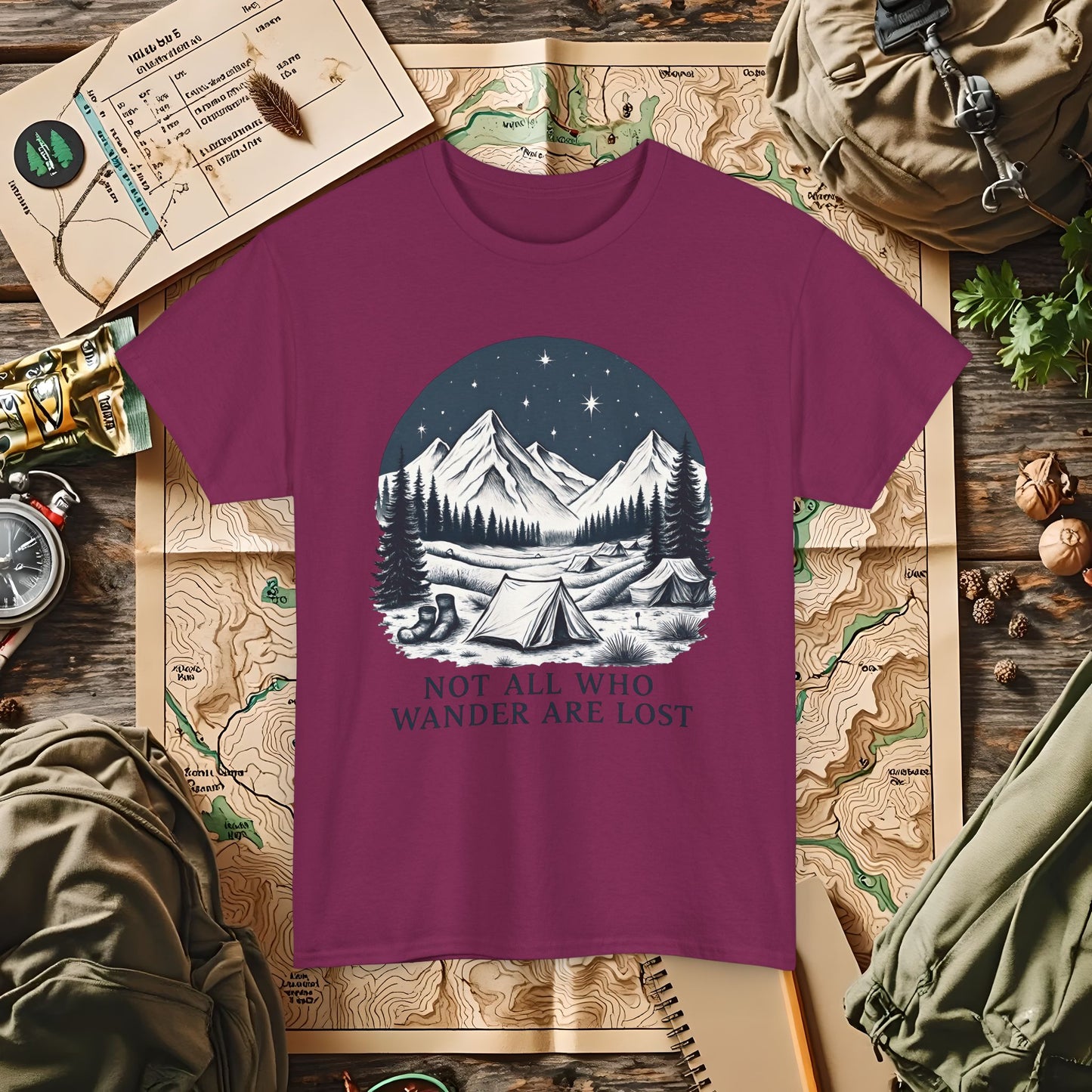 Not All Who Wander Are Lost T-Shirt – Mountain Camping Under Starry Night Camping, Hiking, Rafting & Kayaking Tees for Nature Lovers