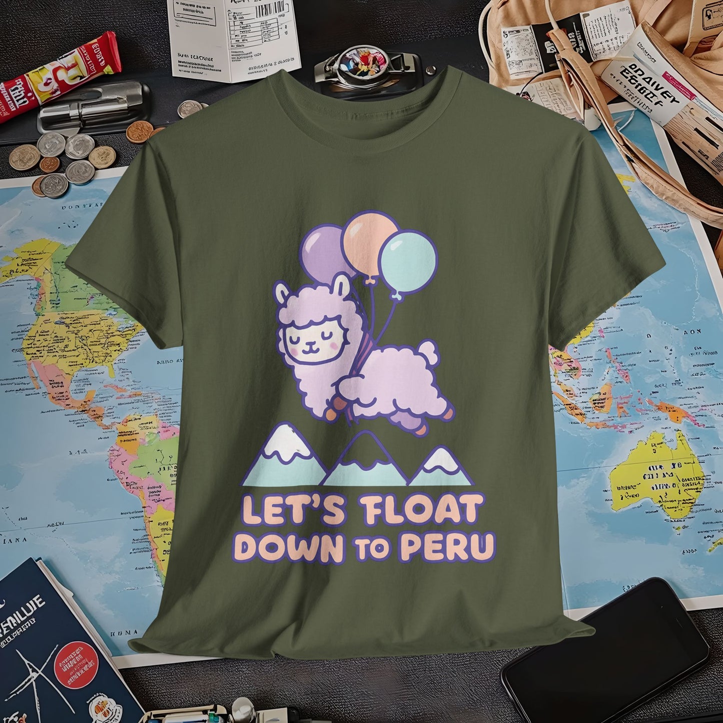 Let’s Float Down to Peru T-Shirt – Kawaii Alpaca Over Snowy Mountain Peaks Air Travel T-Shirts | Jetsetter, Airport, and International Flight Tees