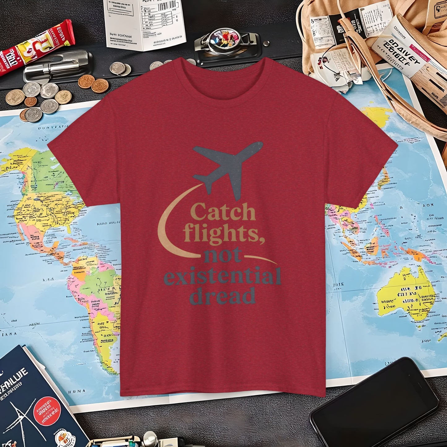 Catch Flights Not Existential Dread Tee – Minimalist Airplane Silhouette Quote Shirt Air Travel T-Shirts | Jetsetter, Airport, and International Flight Tees
