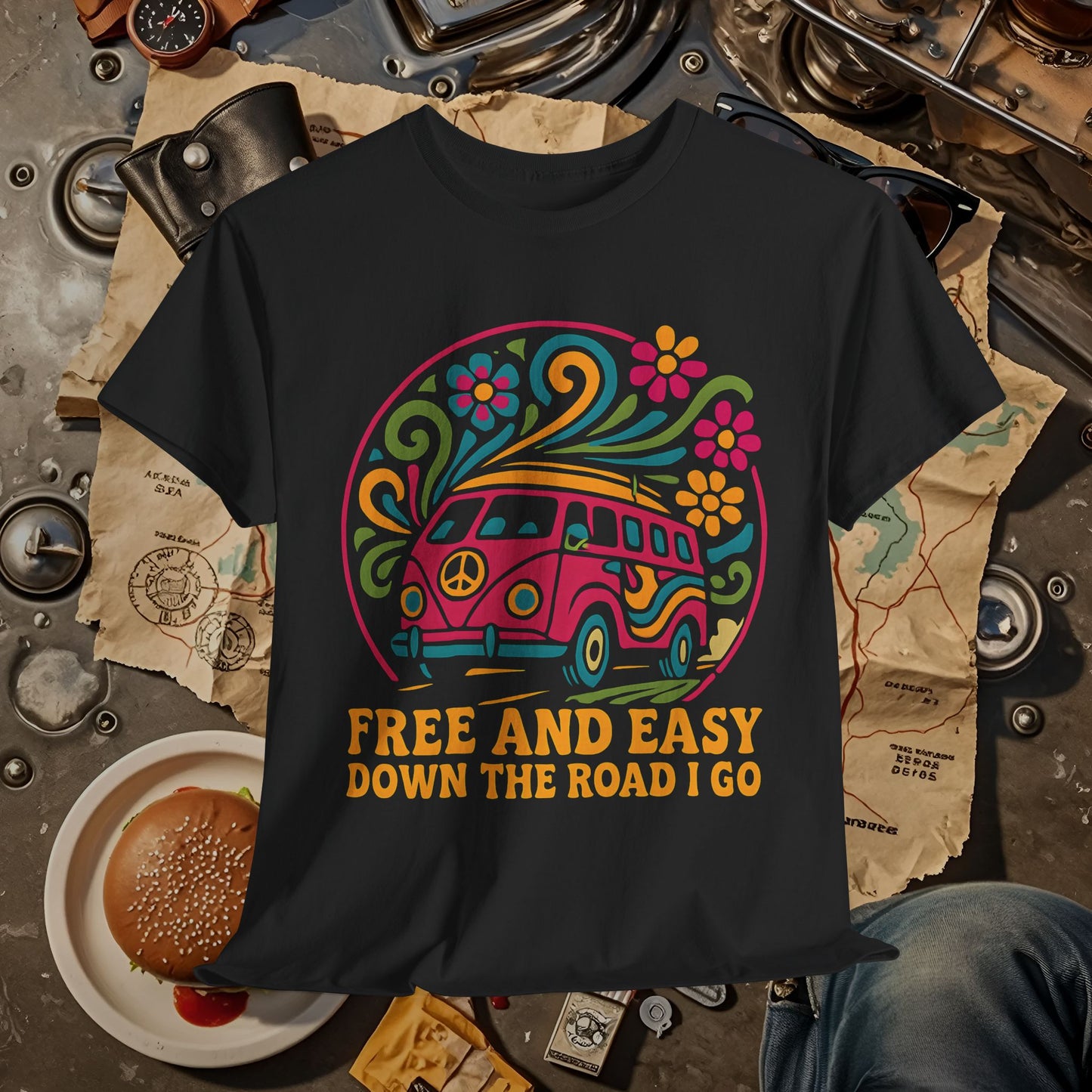 Free and Easy T-Shirt – Retro Hippie Van with Floral Freedom Vibes