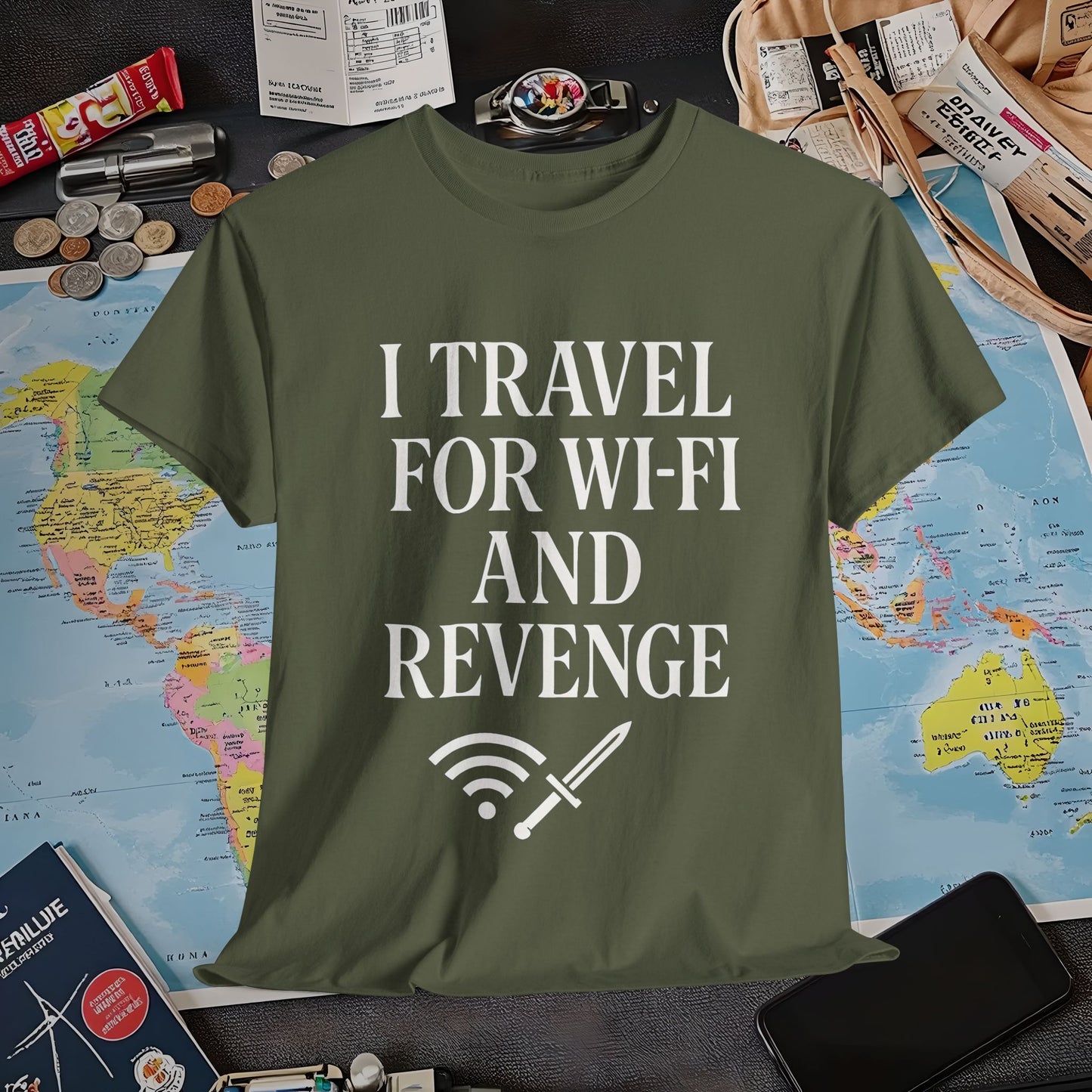 I Travel for WiFi and Revenge – Bold Quote Tee with Dagger Icon Air Travel T-Shirts | Jetsetter, Airport, and International Flight Tees