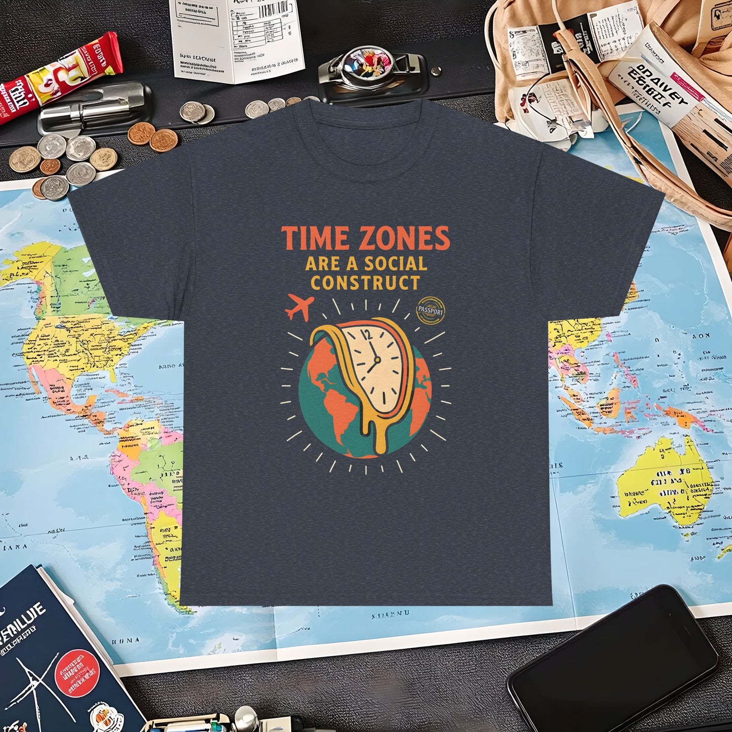 Time Zones Are a Social Construct Tee – Melting Clock Over World Map Travel Shirt Air Travel T-Shirts | Jetsetter, Airport, and International Flight Tees