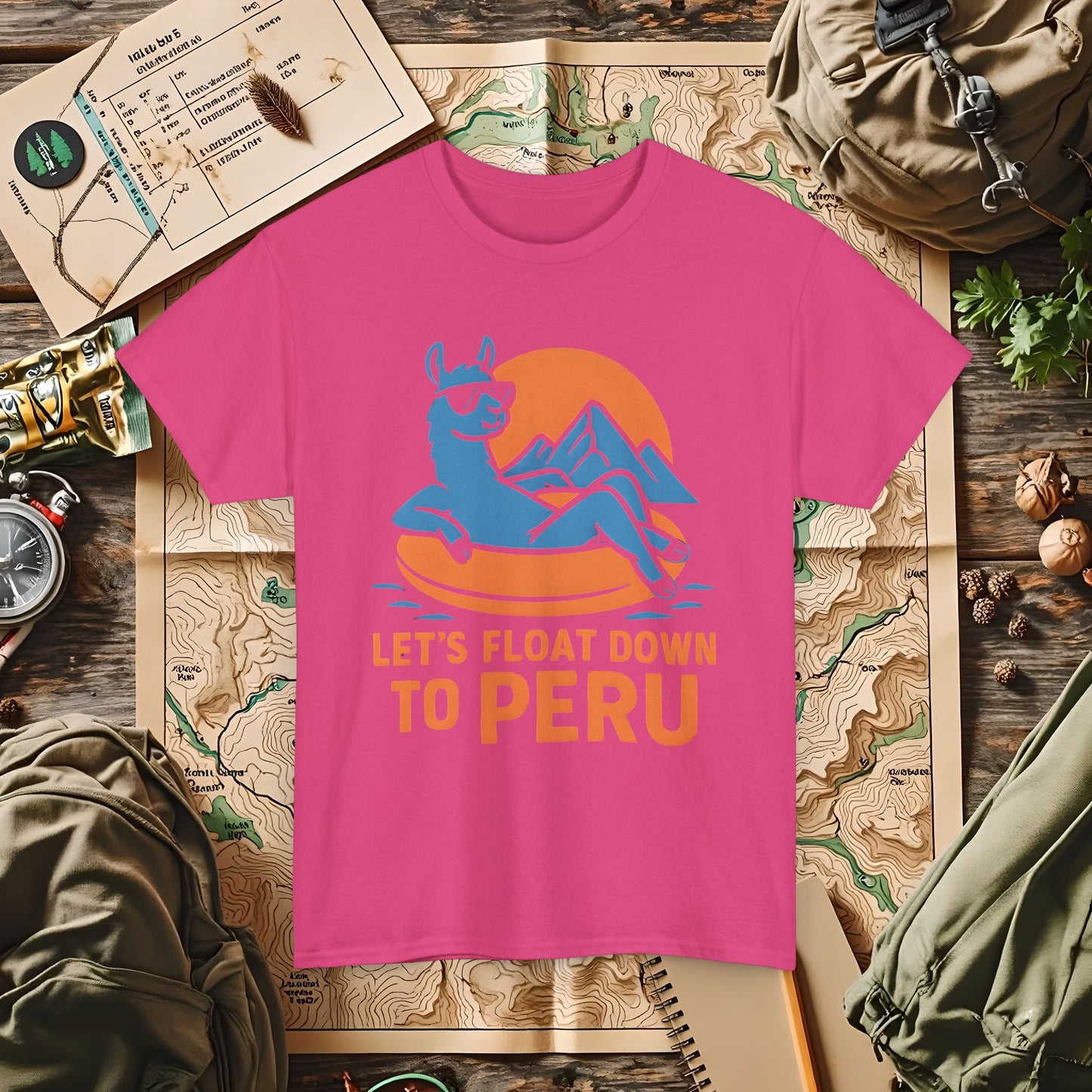 Let’s Float Down to Peru T-Shirt – Chill Llama on Inner Tube and Andes Sunset Outdoor Adventure T-Shirts | Camping, Hiking, Rafting & Kayaking Tees for Nature Lovers