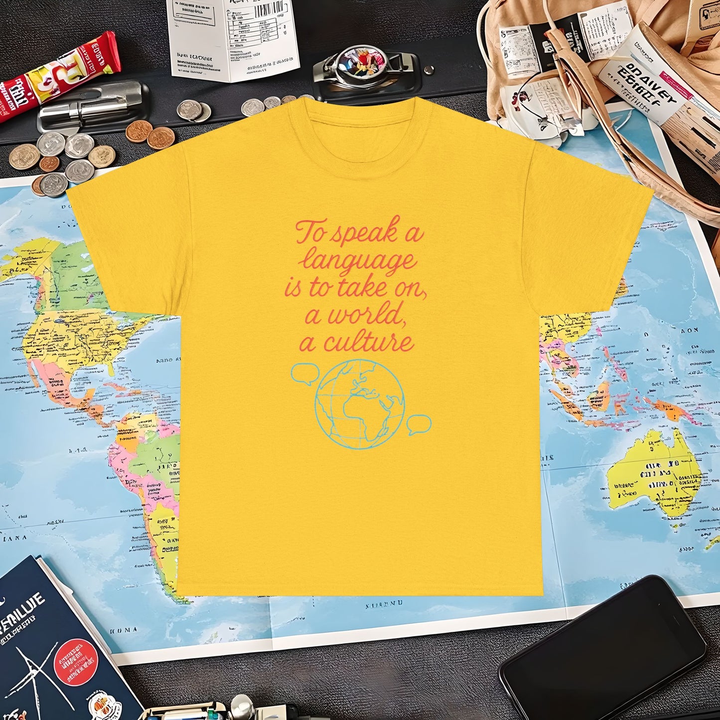 To Speak a Language Is to Take on a World – Cultural Connection Tee with Globe & Speech Bubbles | Layover Club Air Travel T-Shirts | Jetsetter, Airport, and International Flight Tees