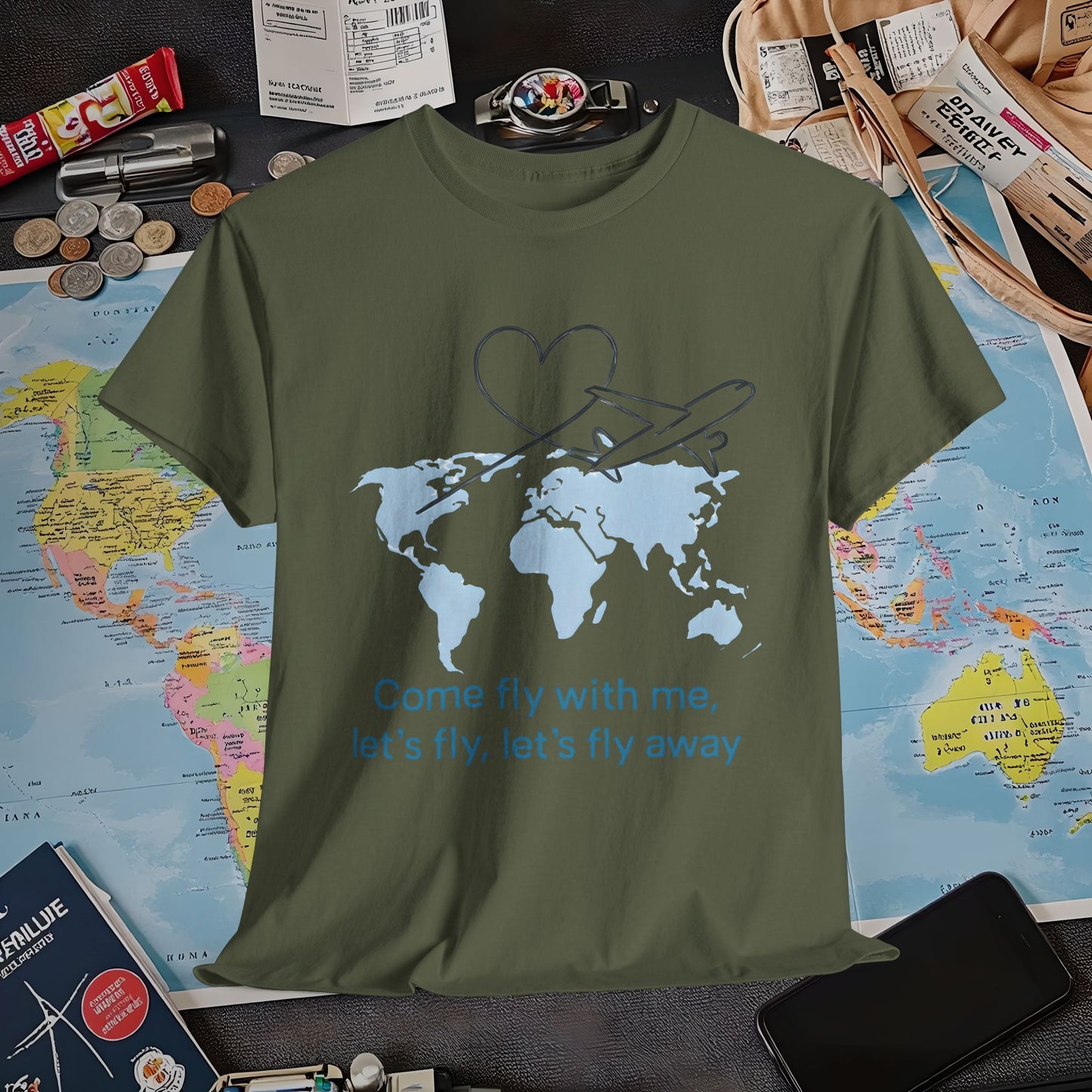 Come Fly With Me T-Shirt – Heart-Loop Airplane Over World Map Design Air Travel T-Shirts | Jetsetter, Airport, and International Flight Tees