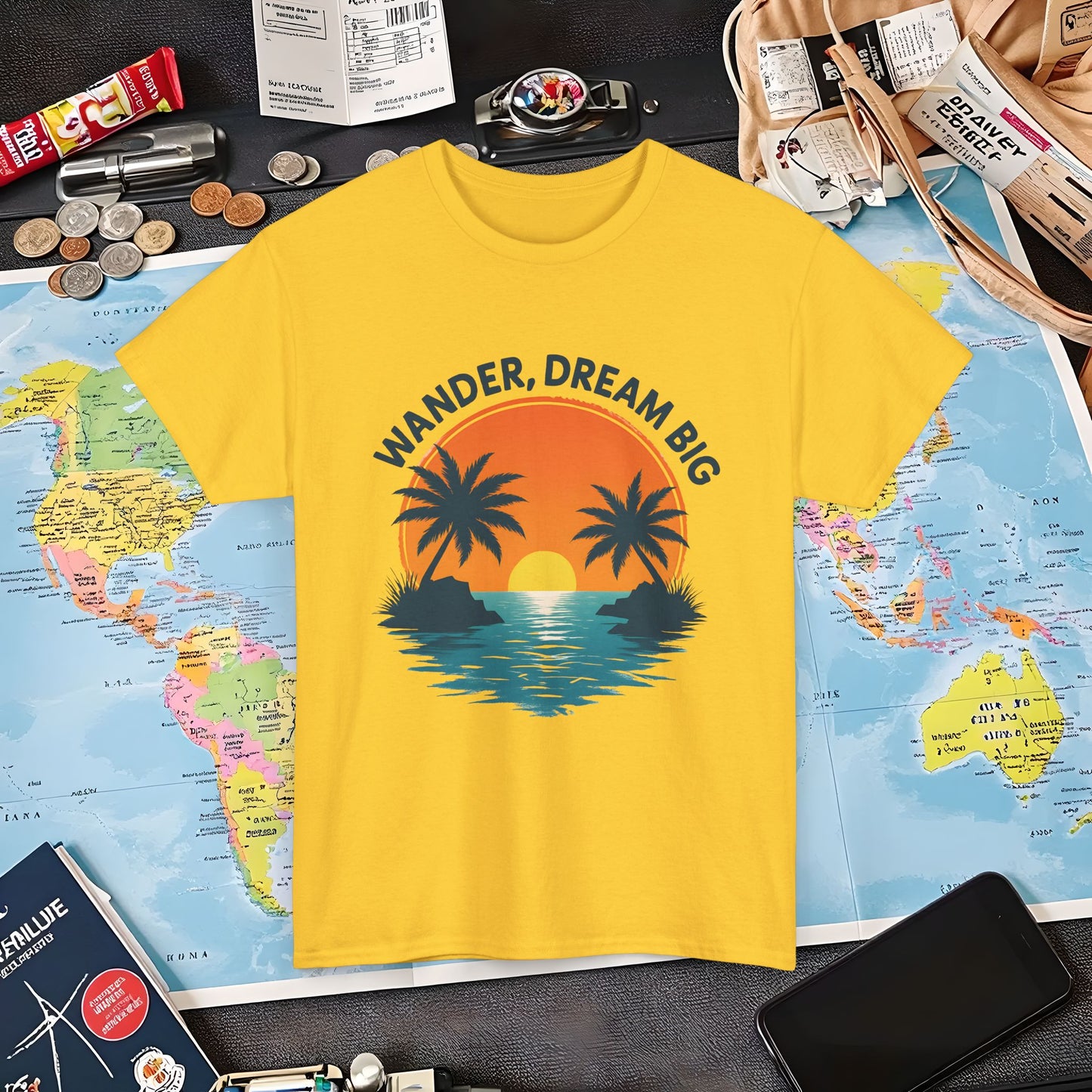 Wander Dream Big T-Shirt – Tropical Sunset with Palm Silhouettes Design Air Travel T-Shirts | Jetsetter, Airport, and International Flight Tees