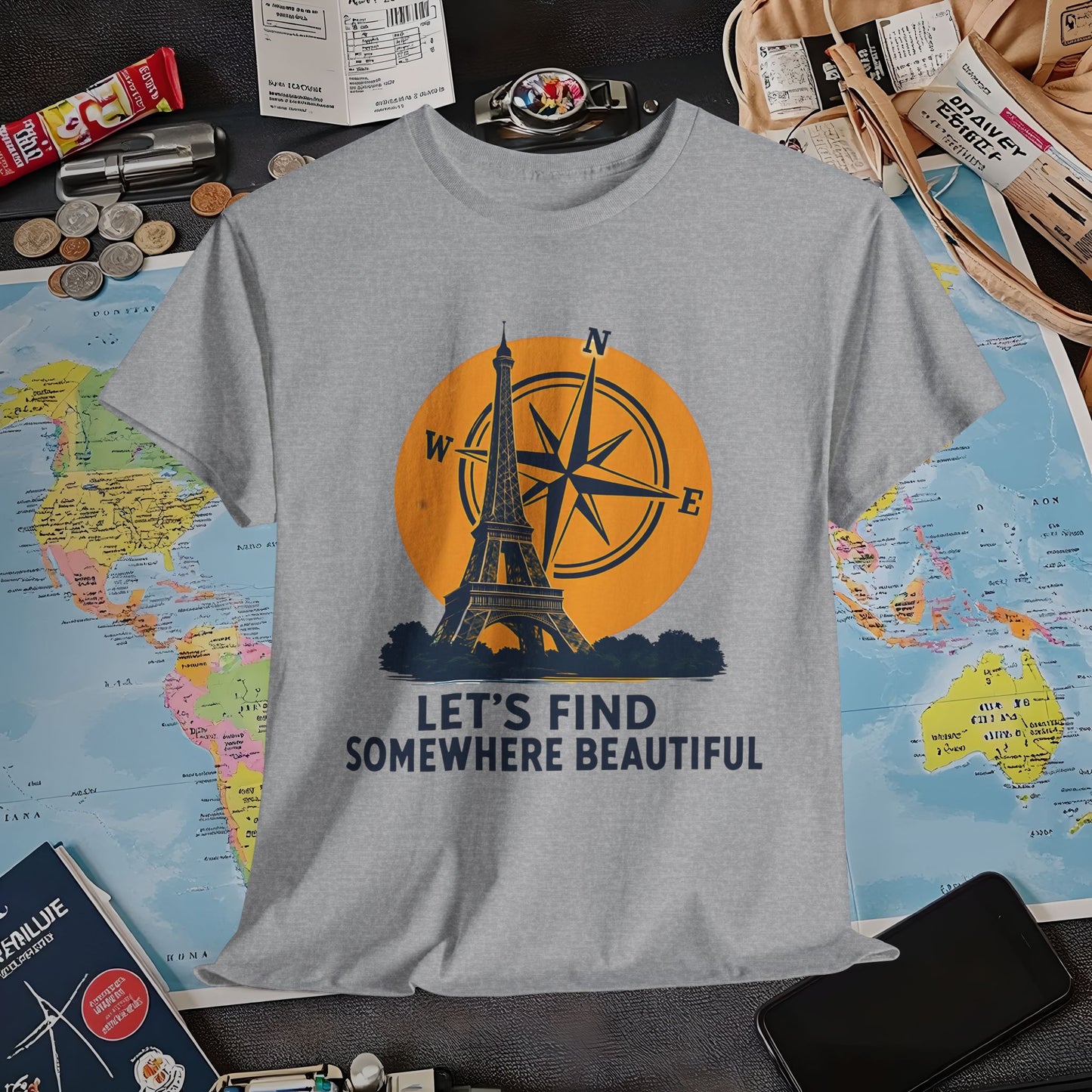 Eiffel Tower and Compass T-Shirt – Let’s Find Somewhere Beautiful Adventure Design Air Travel T-Shirts | Jetsetter, Airport, and International Flight Tees