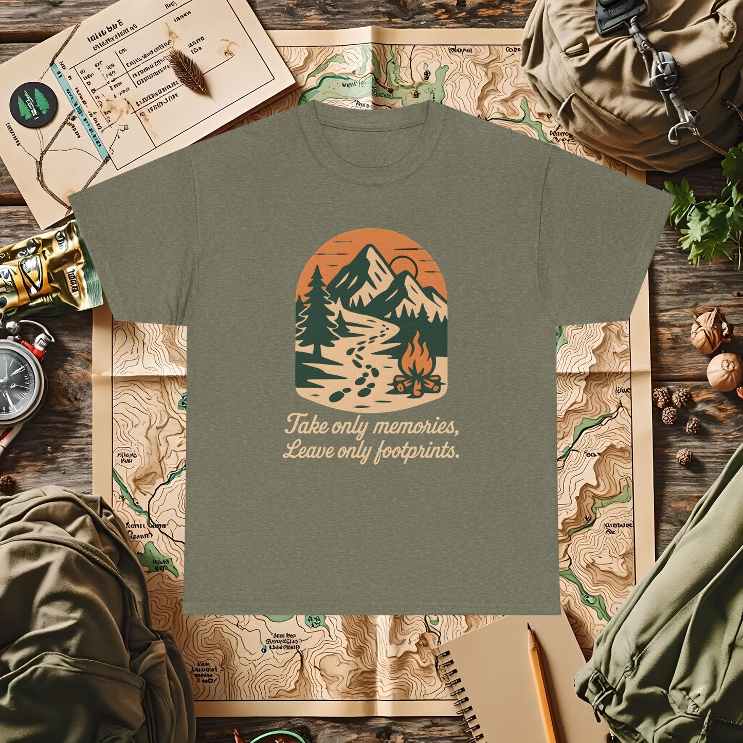 Take Only Memories, Leave Only Footprints — Sunset Mountain Trail Adventure Badge T-Shirt | Camping, Hiking, Rafting & Kayaking Tees for Nature Lovers