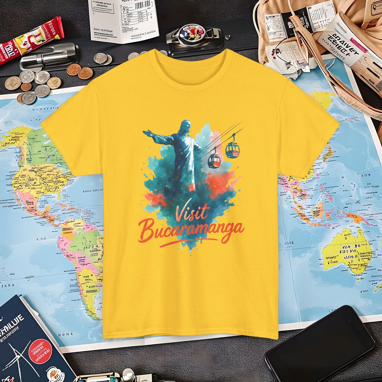 Cerro del Santísimo & Cable Car – Vibrant Watercolor Colombia Travel Tee | Layover Club Air Travel T-Shirts | Jetsetter, Airport, and International Flight Tees