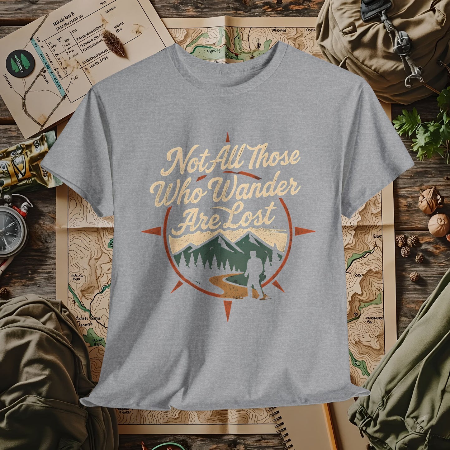 Not All Who Wander Are Lost – Vintage Compass Mountain Tee | Camping, Hiking, Rafting & Kayaking Tees for Nature Lovers