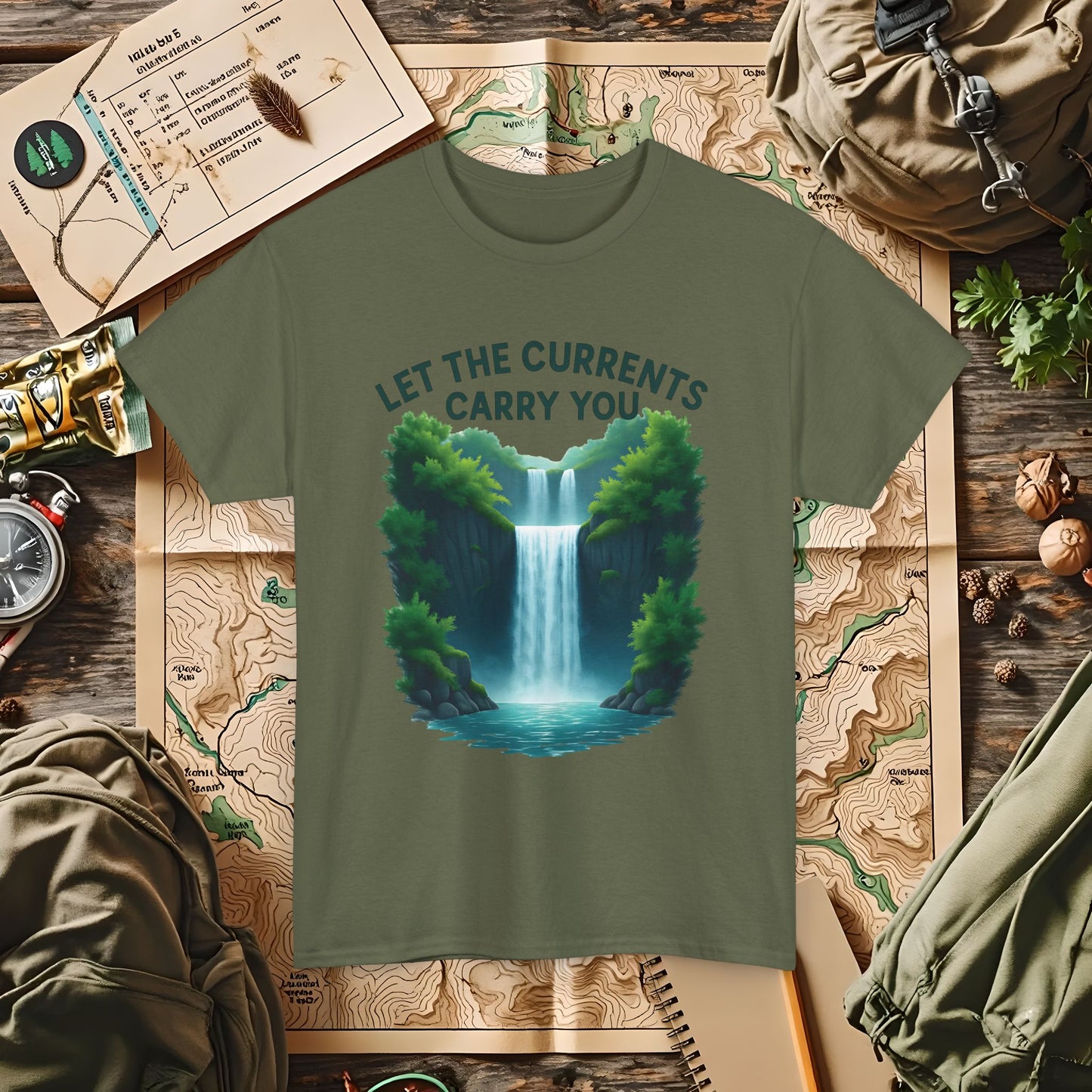 Let the Currents Carry You T-Shirt – Waterfall Escape Design Camping, Hiking, Rafting & Kayaking Tees for Nature Lovers