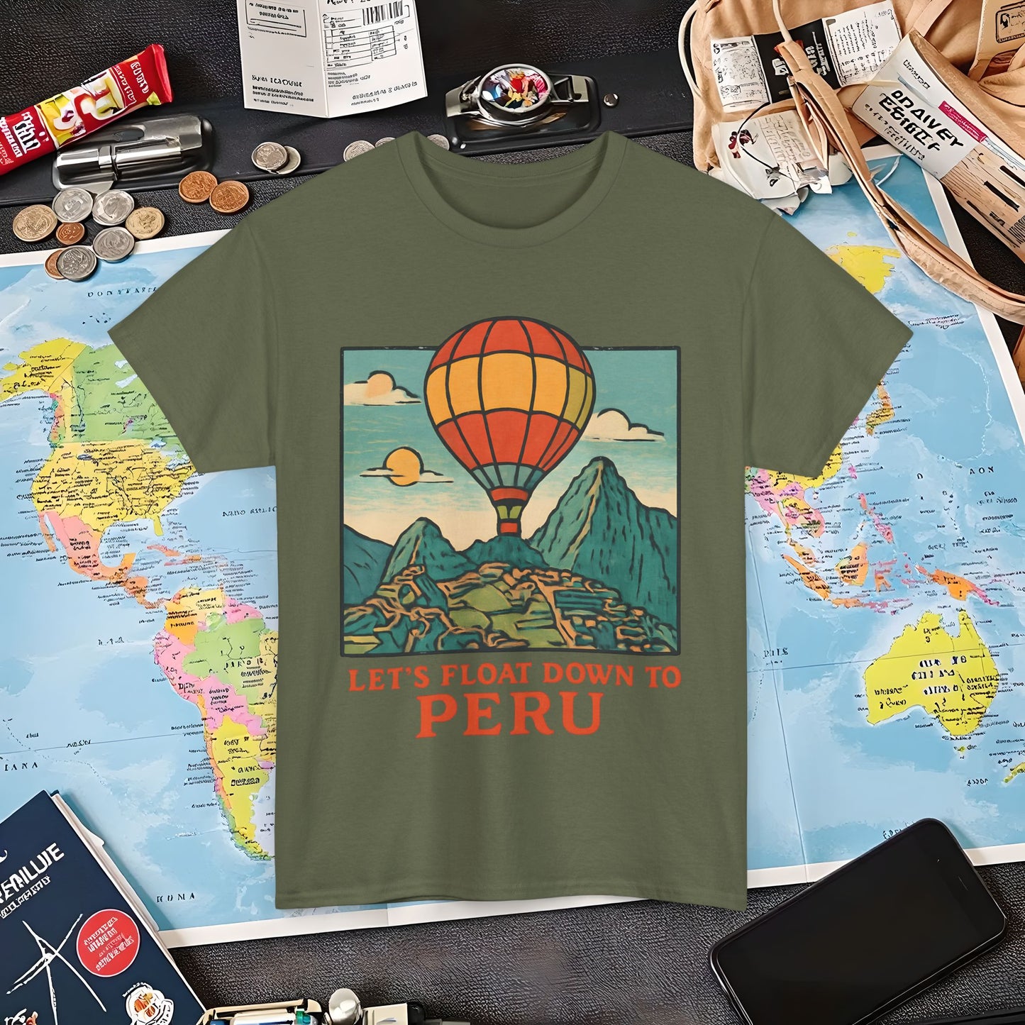 Let’s Float Down to Peru T-Shirt – Vintage Hot-Air Balloon Over Machu Picchu Design Air Travel T-Shirts | Jetsetter, Airport, and International Flight Tees