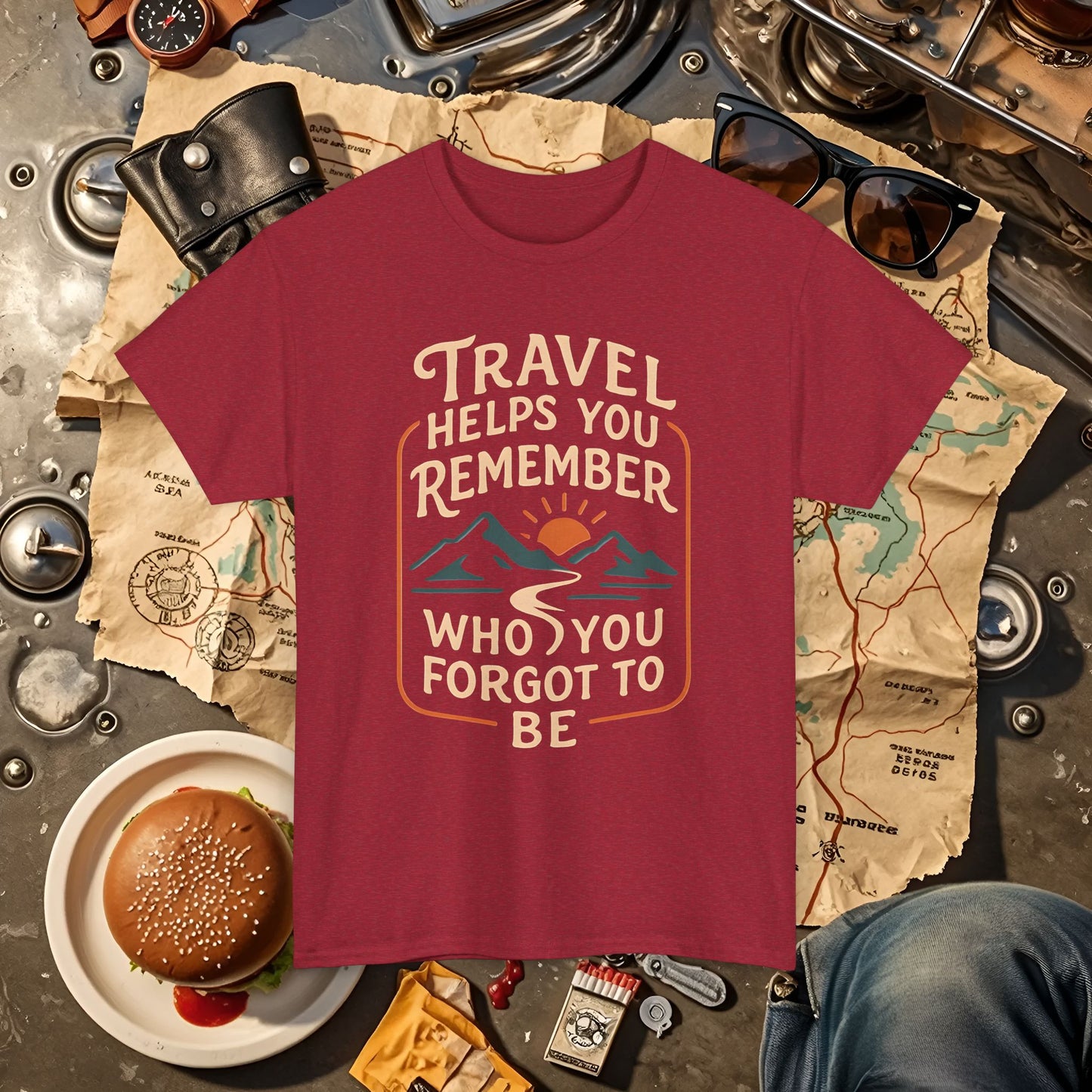 Travel Helps You Remember Who You Forgot to Be Tee – Retro Mountain Road Quote Shirt Road Trip & Vehicle Travel T-Shirts | Car, RV, and Motorcycle Adventure Tees