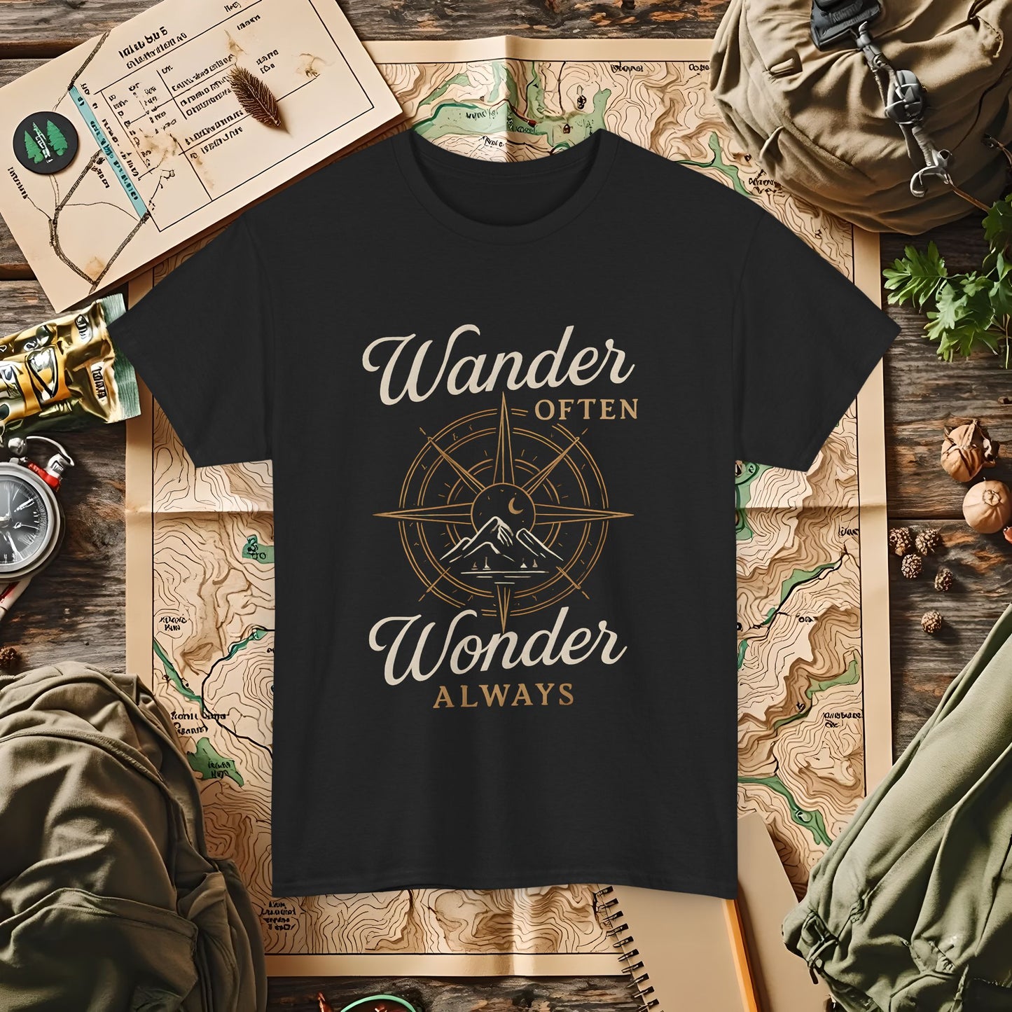 Wander Often, Wonder Always – Compass Quote Travel Tee | Camping, Hiking, Rafting & Kayaking Tees for Nature Lovers