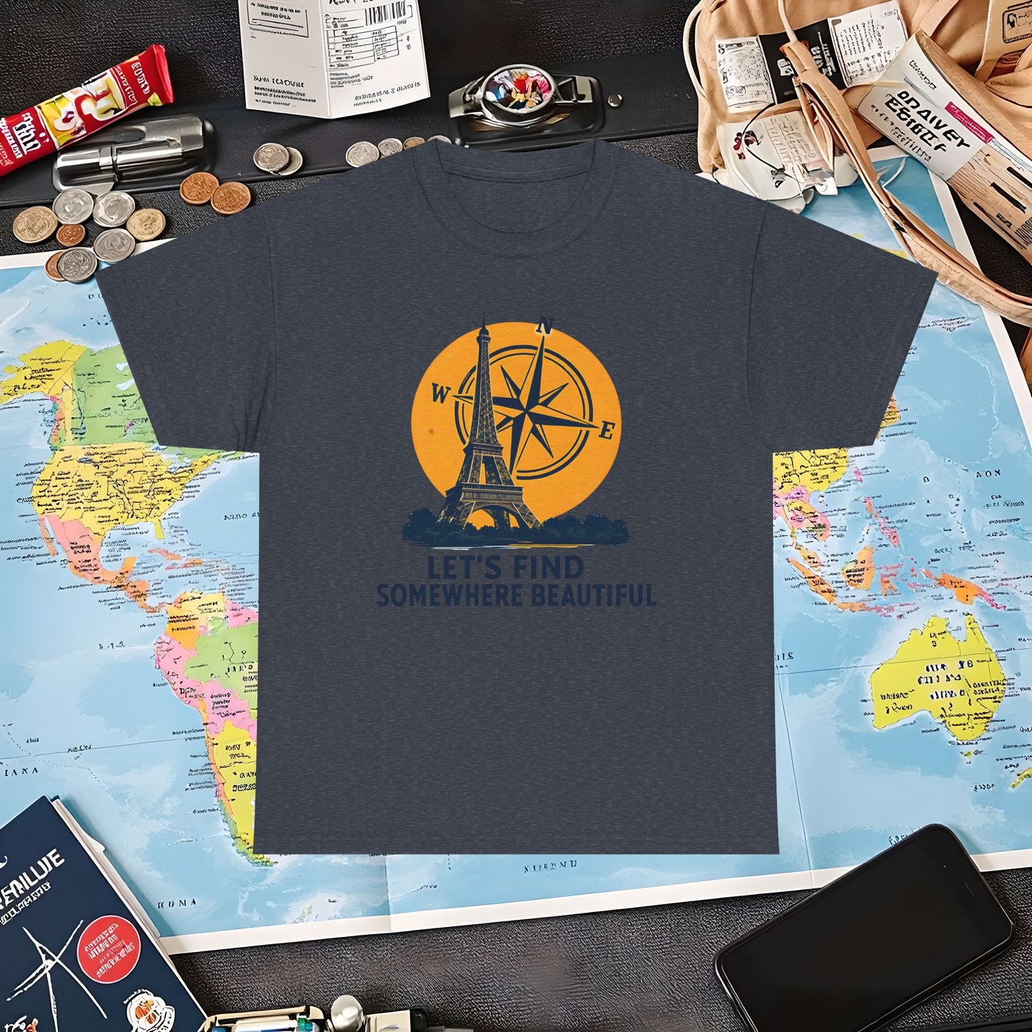 Eiffel Tower and Compass T-Shirt – Let’s Find Somewhere Beautiful Adventure Design Air Travel T-Shirts | Jetsetter, Airport, and International Flight Tees