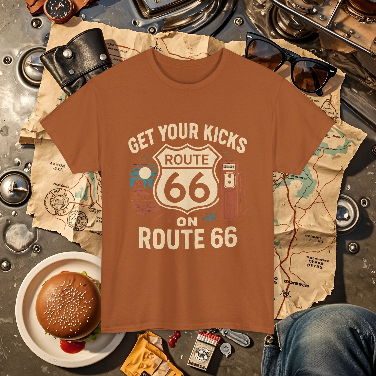 Get Your Kicks on Route 66 T-Shirt – Vintage Desert Scene with Classic Gas Pump & Roadside Vibes Road Trip & Vehicle Travel T-Shirts | Car, RV, and Motorcycle Adventure Tees
