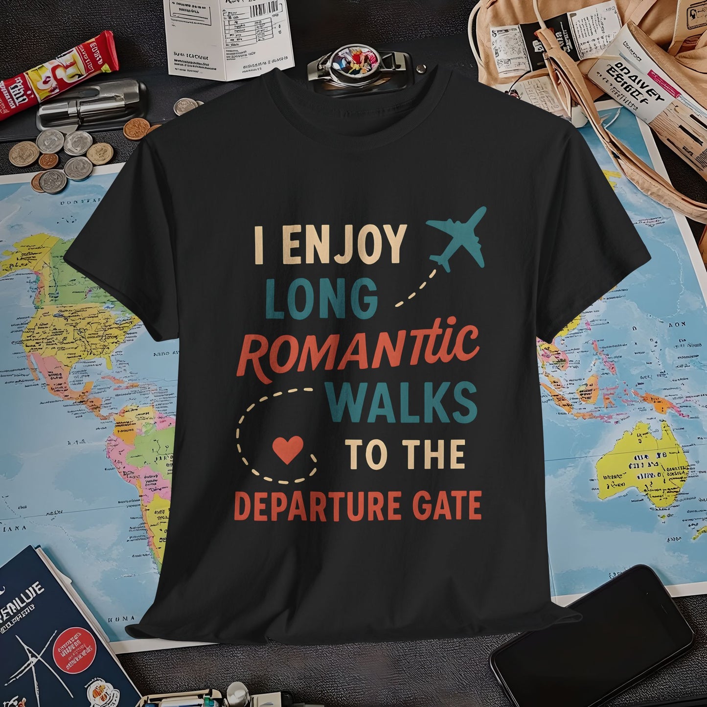 Long Romantic Walks to the Departure Gate Tee – Playful Vintage Travel Shirt Air Travel T-Shirts | Jetsetter, Airport, and International Flight Tees