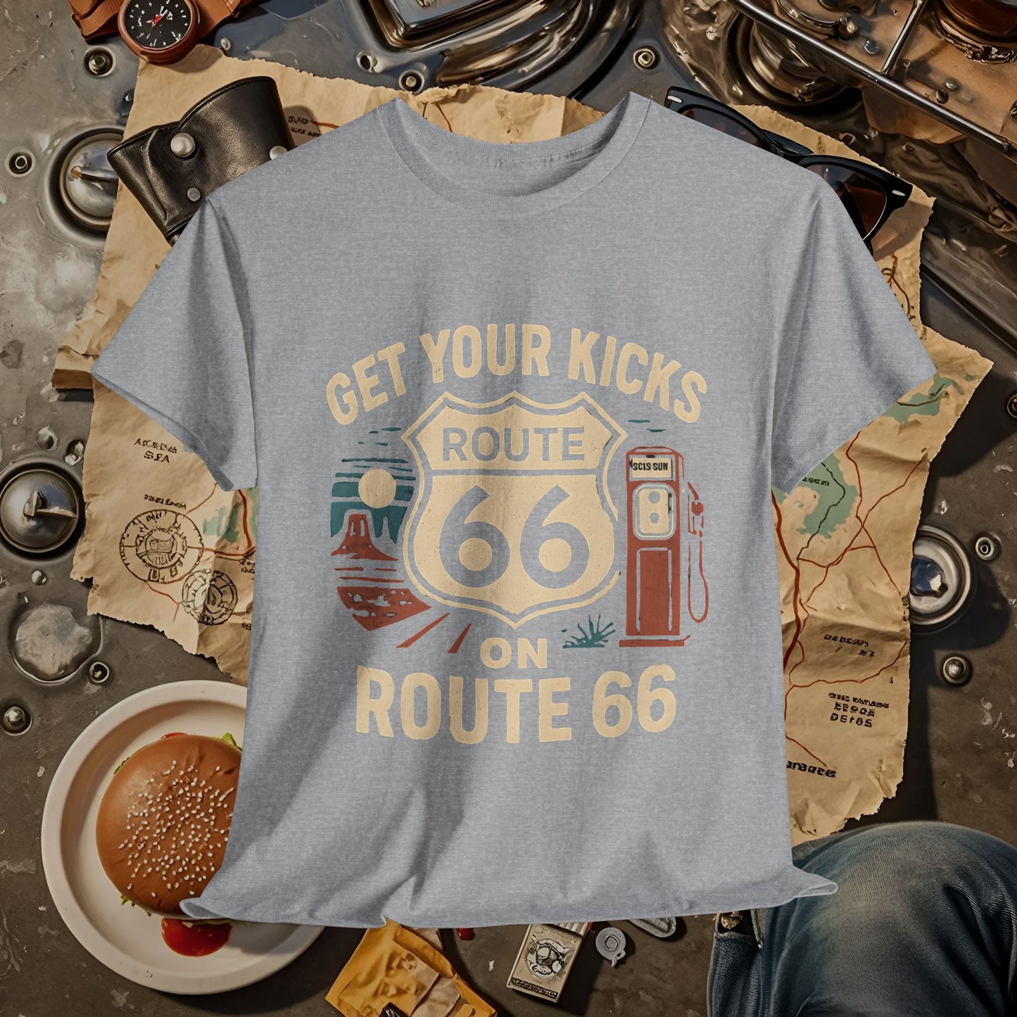 Get Your Kicks on Route 66 T-Shirt – Vintage Desert Scene with Classic Gas Pump & Roadside Vibes Road Trip & Vehicle Travel T-Shirts | Car, RV, and Motorcycle Adventure Tees