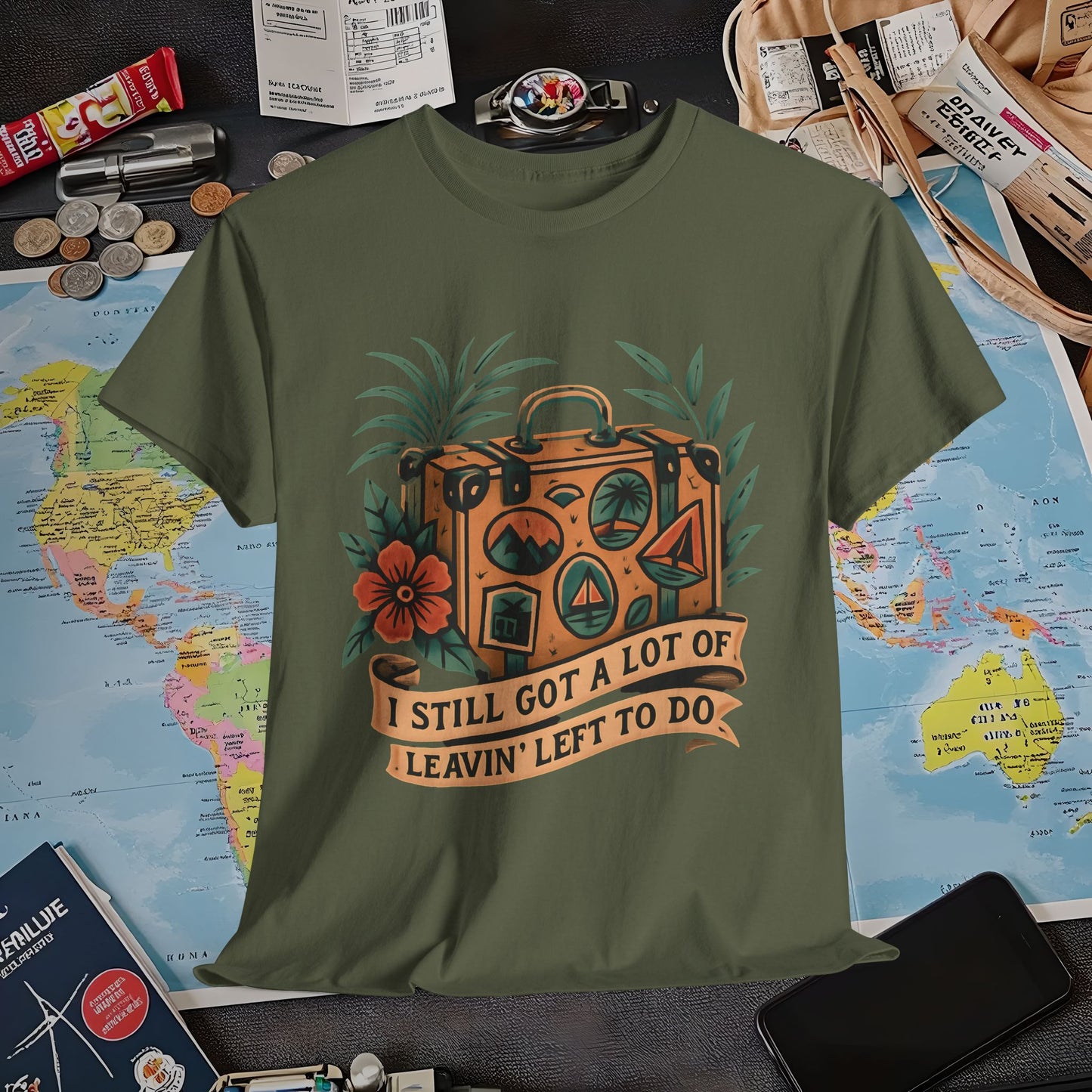 I Still Got a Lot of Leavin’ Left to Do T-Shirt – Vintage Suitcase with Tropical Travel Vibes