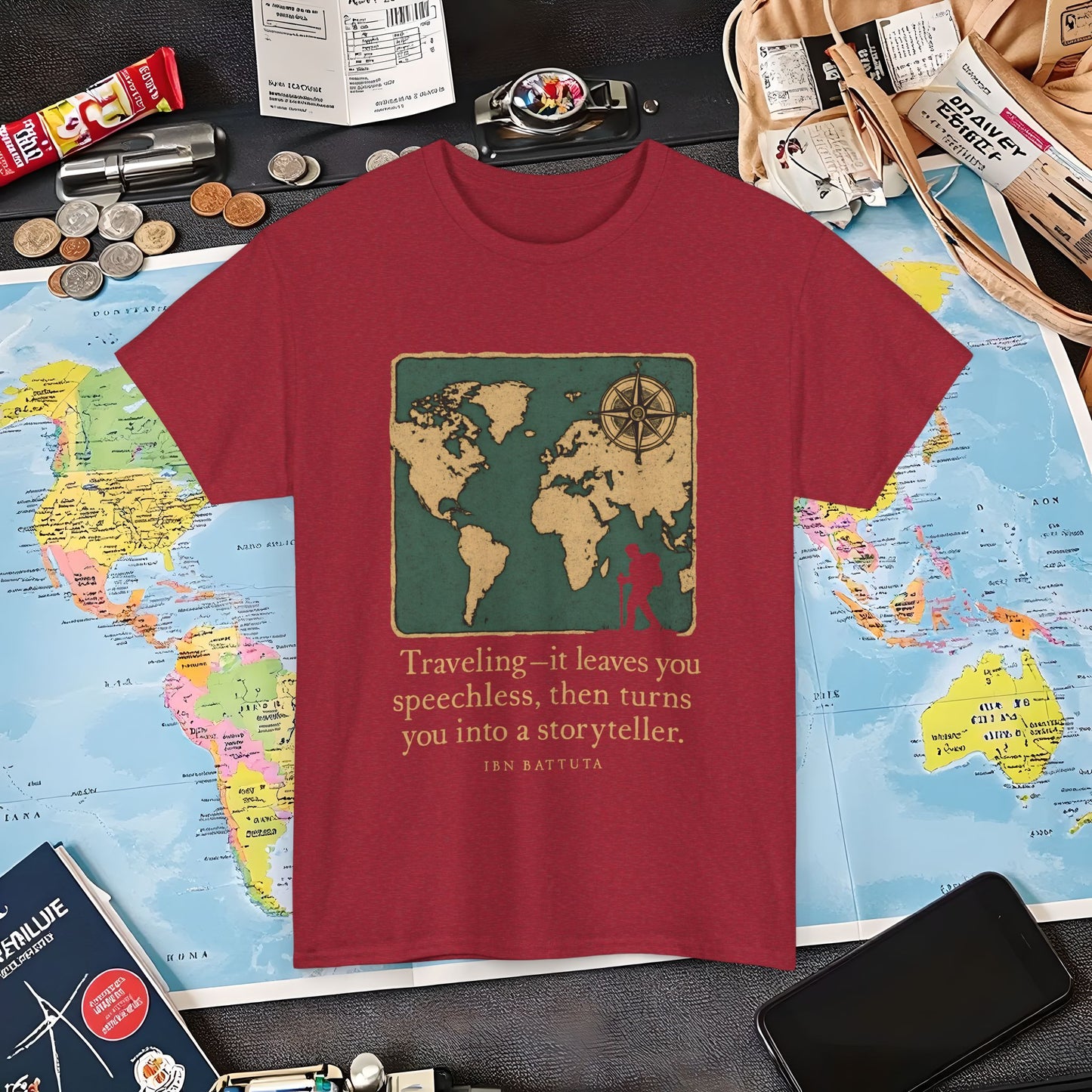 Speechless to Storyteller – Vintage Map Wanderlust Quote Tee Air Travel T-Shirts | Jetsetter, Airport, and International Flight Tees