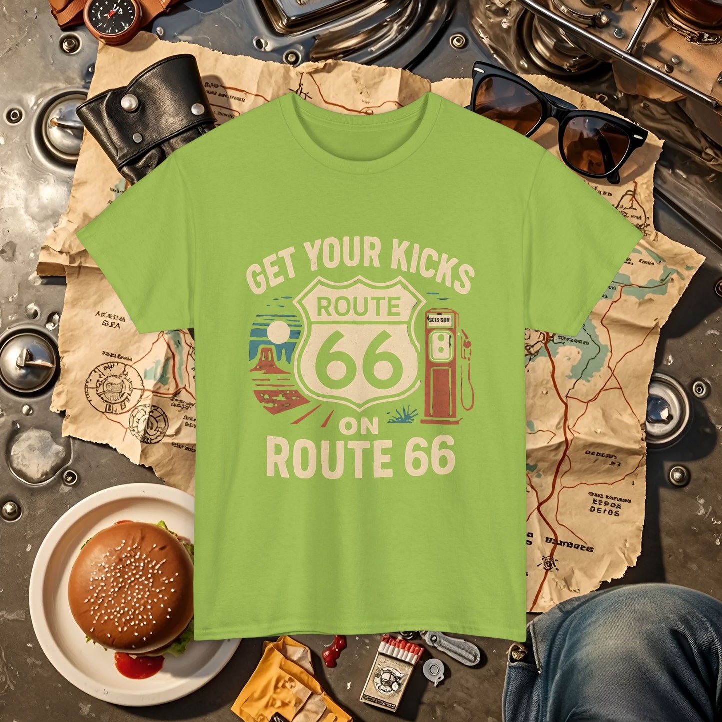 Get Your Kicks on Route 66 T-Shirt – Vintage Desert Scene with Classic Gas Pump & Roadside Vibes Road Trip & Vehicle Travel T-Shirts | Car, RV, and Motorcycle Adventure Tees