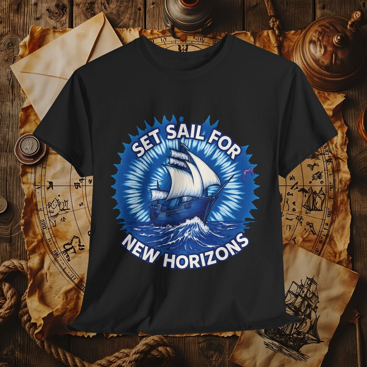 Set Sail for New Horizons T-Shirt – Old Tall Ship on Rough Water Design | Funny & Stylish Tees for Ocean Adventures
