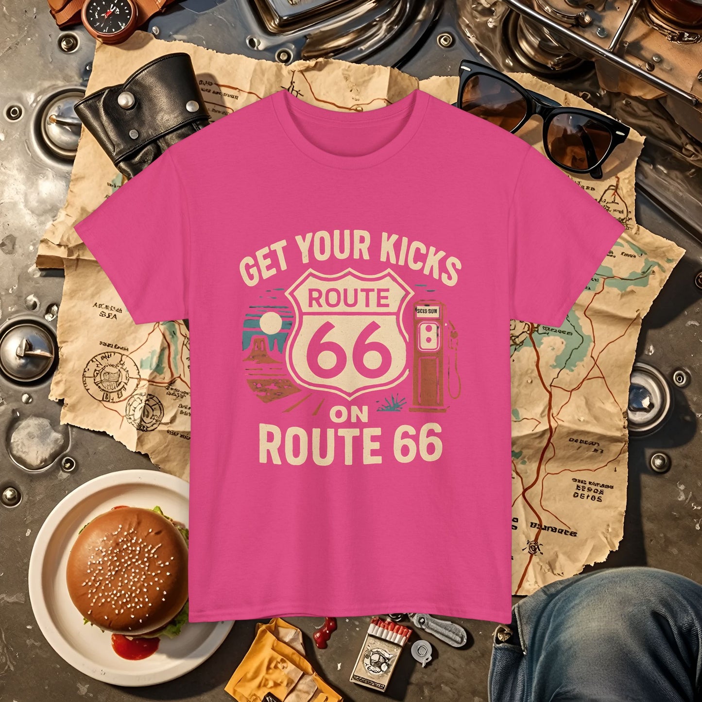 Get Your Kicks on Route 66 T-Shirt – Vintage Desert Scene with Classic Gas Pump & Roadside Vibes Road Trip & Vehicle Travel T-Shirts | Car, RV, and Motorcycle Adventure Tees