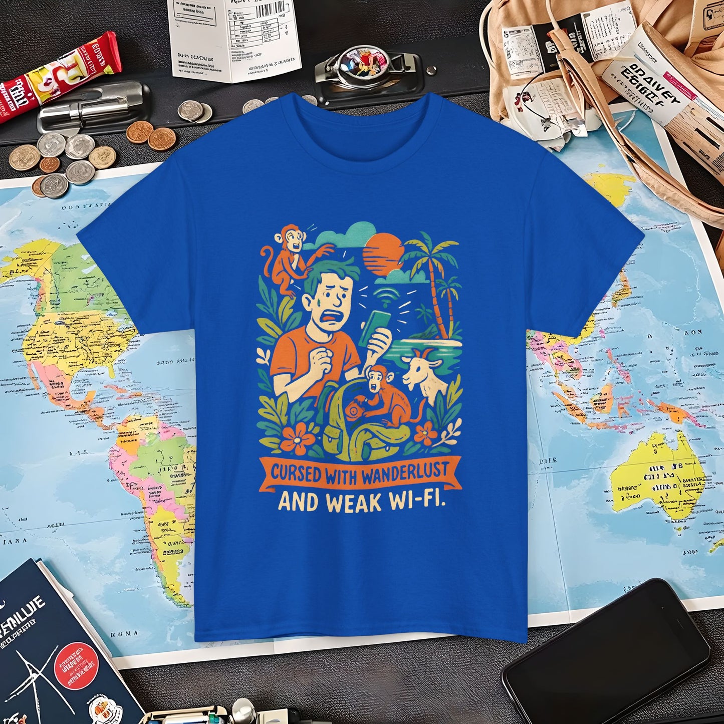 Cursed with Wanderlust and Weak Wi-Fi – Funny Tropical Traveler Frustration Tee Travel T-Shirts | Jetsetter, Airport, and International Flight Tees