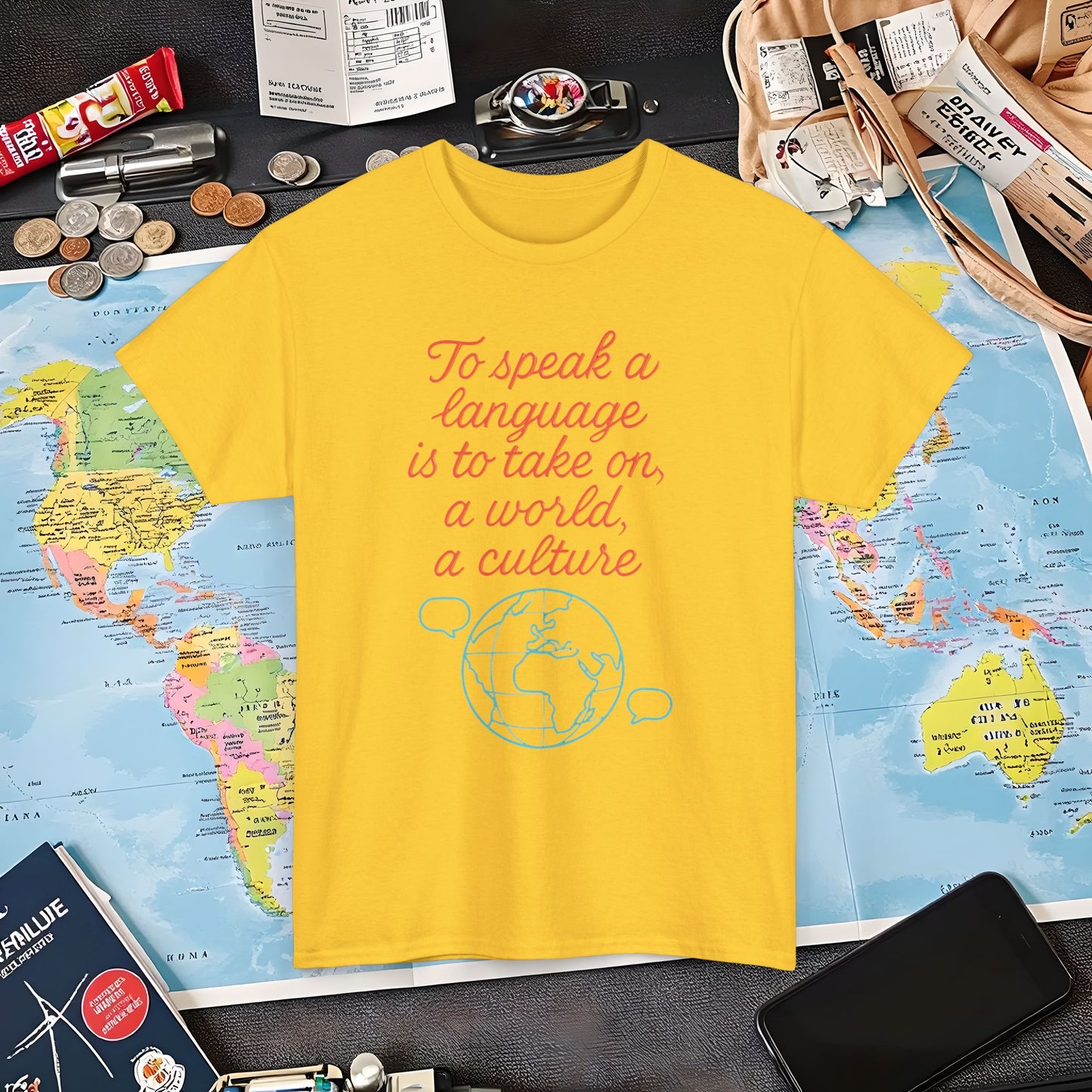 To Speak a Language Is to Take on a World – Cultural Connection Tee with Globe & Speech Bubbles | Layover Club Air Travel T-Shirts | Jetsetter, Airport, and International Flight Tees