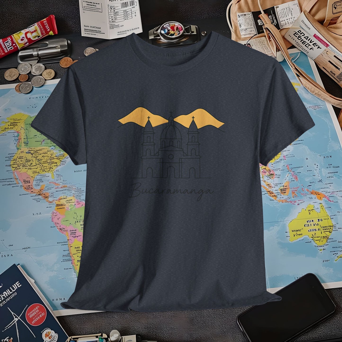 Bucaramanga Cathedral with Andes Silhouette – Vintage Colombia Travel Tee | Layover Club Air Travel T-Shirts | Jetsetter, Airport, and International Flight Tees
