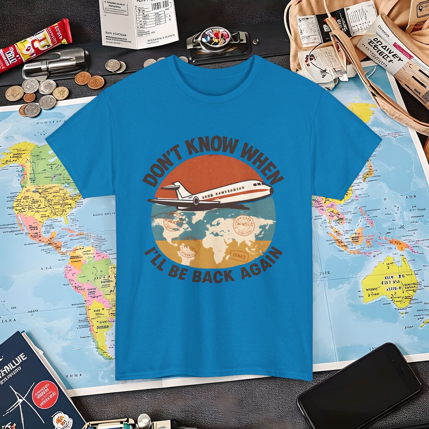 Don’t Know When I’ll Be Back Again T-Shirt – Retro ’70s Jet & Vintage Map Travel Design Air Travel T-Shirts | Jetsetter, Airport, and International Flight Tees