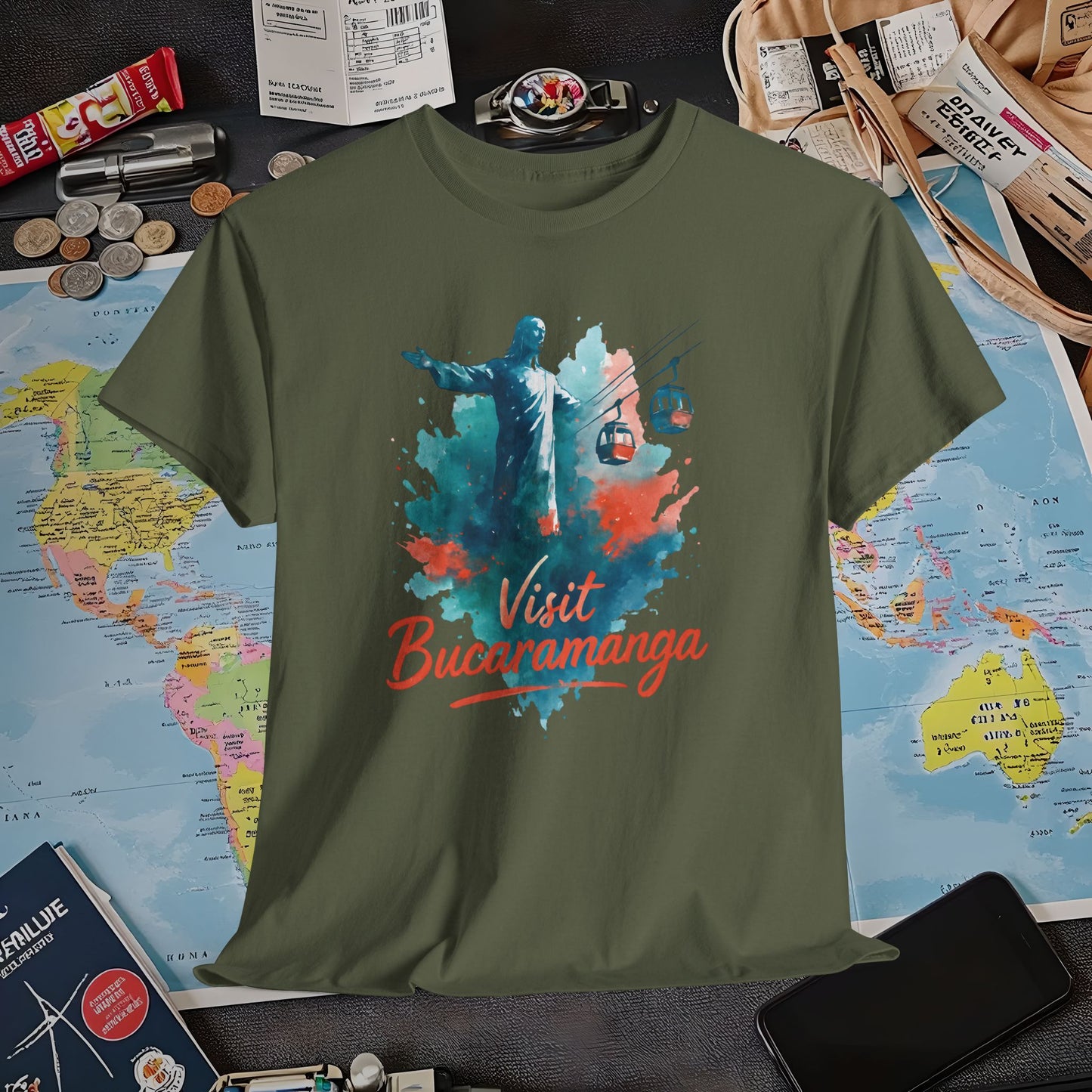 Cerro del Santísimo & Cable Car – Vibrant Watercolor Colombia Travel Tee | Layover Club Air Travel T-Shirts | Jetsetter, Airport, and International Flight Tees