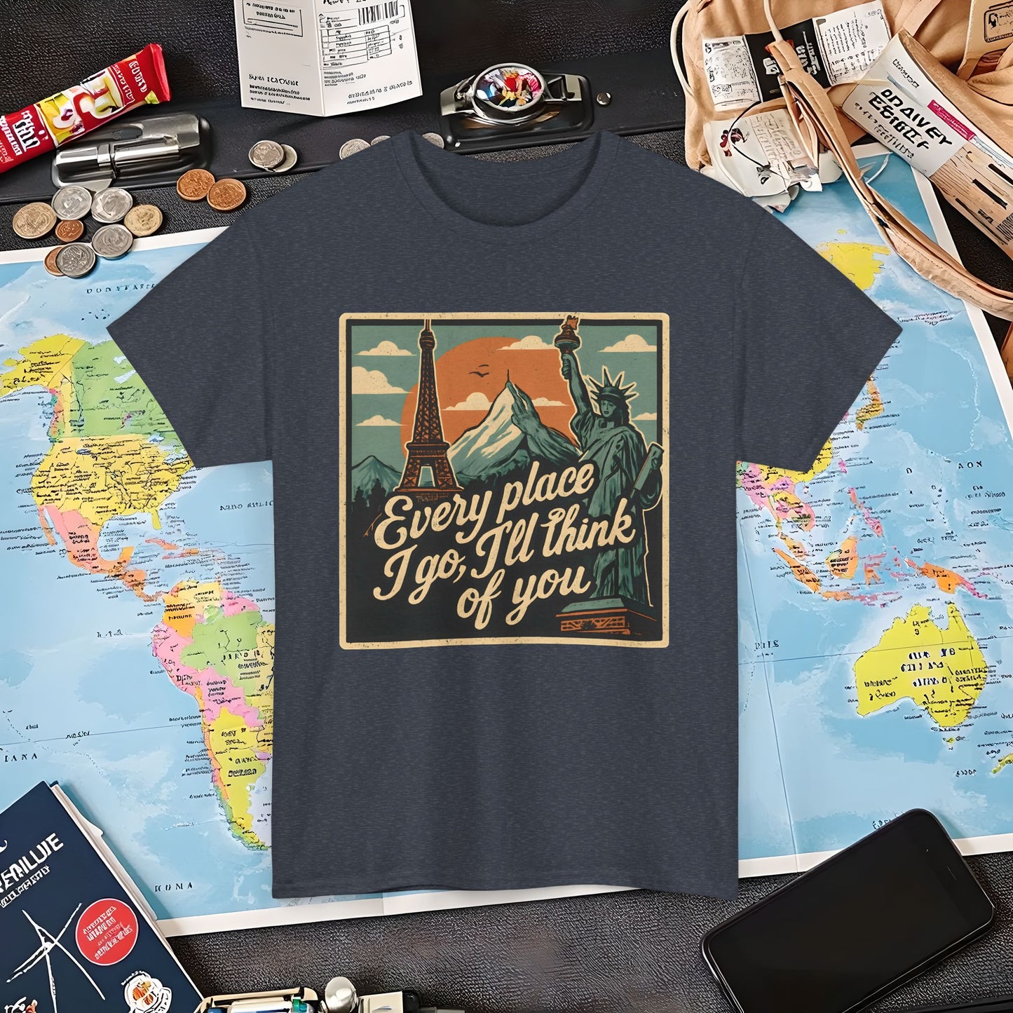 Every Place I Go, I’ll Think of You T-Shirt – Vintage Postcard Travel Collage with Iconic Landmarks Air Travel T-Shirts | Jetsetter, Airport, and International Flight Tees